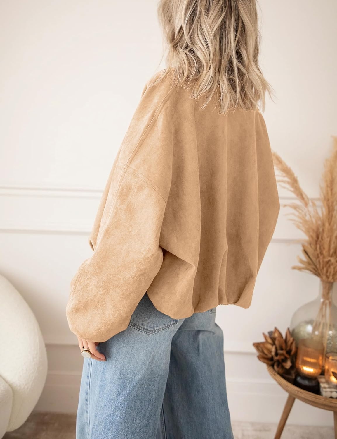 image:imageTanming Womens Faux Suede Bomber Jacket Oversized Coats Long Sleeve Zip up Casual Jackets with Pockets Cropped Motorcycle Biker Coat Trendy Spring Fall Streetwear OuterwearKhaki