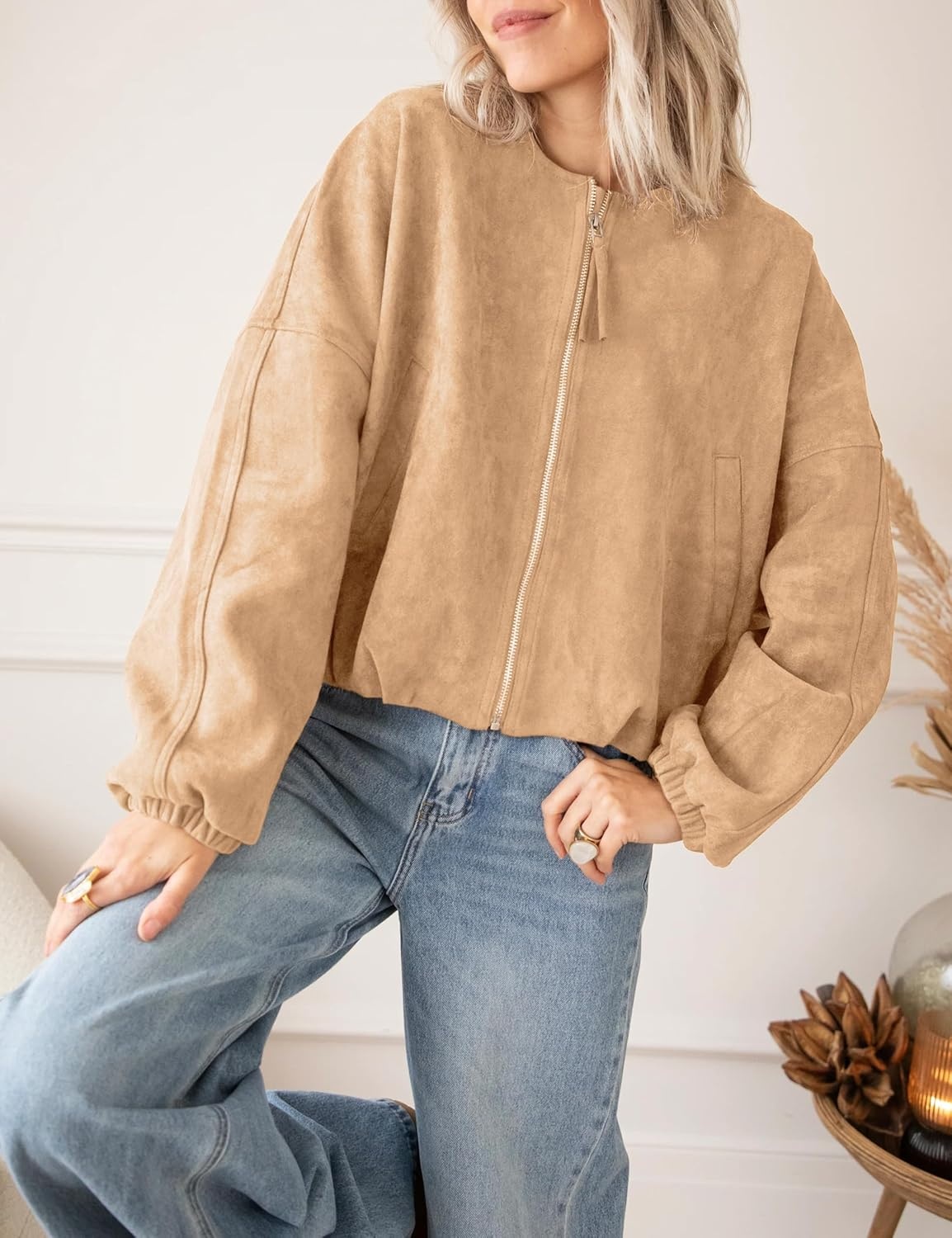 image:imageTanming Womens Faux Suede Bomber Jacket Oversized Coats Long Sleeve Zip up Casual Jackets with Pockets Cropped Motorcycle Biker Coat Trendy Spring Fall Streetwear OuterwearKhaki