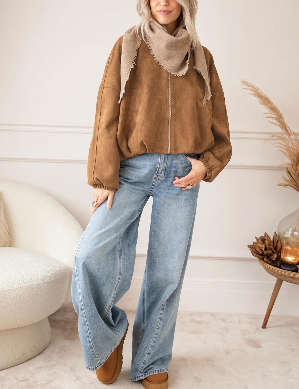 image:imageTanming Womens Faux Suede Bomber Jacket Oversized Coats Long Sleeve Zip up Casual Jackets with Pockets Cropped Motorcycle Biker Coat Trendy Spring Fall Streetwear OuterwearBrown