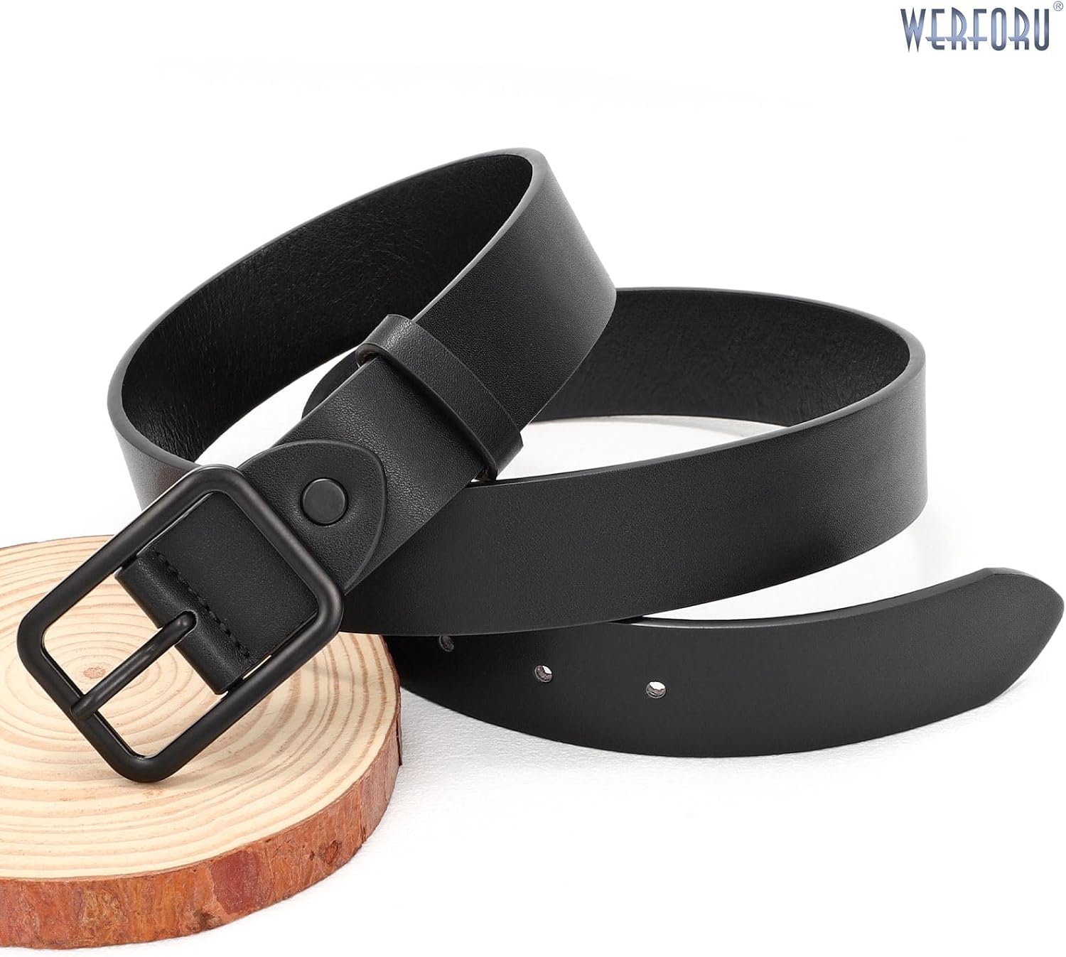 image:imageWERFORU Women Classic Black Leather Belt With Square Silver Buckle For Jeans Pants13 widthAblack With Black