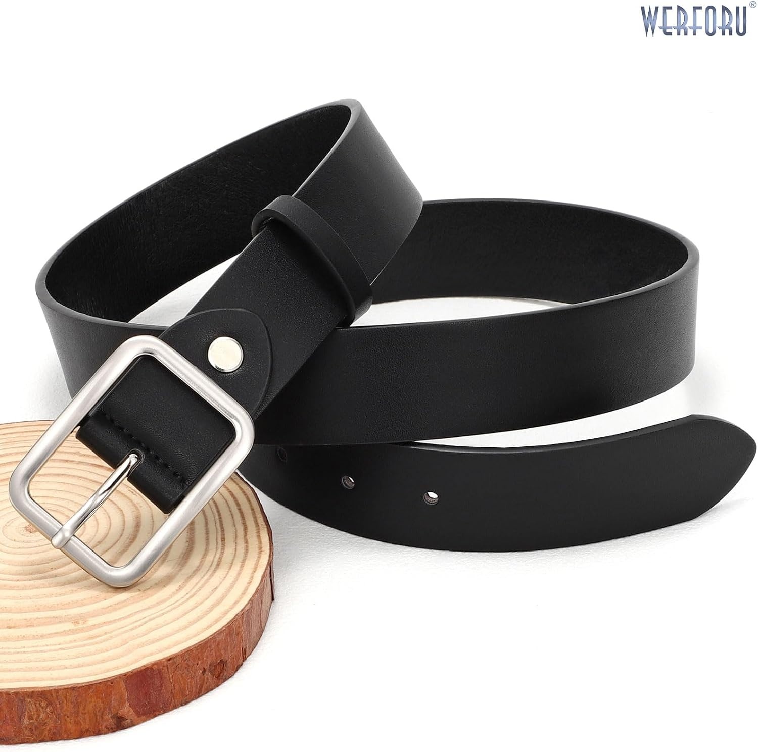image:imageWERFORU Women Classic Black Leather Belt With Square Silver Buckle For Jeans Pants13 widthCblack With Silver