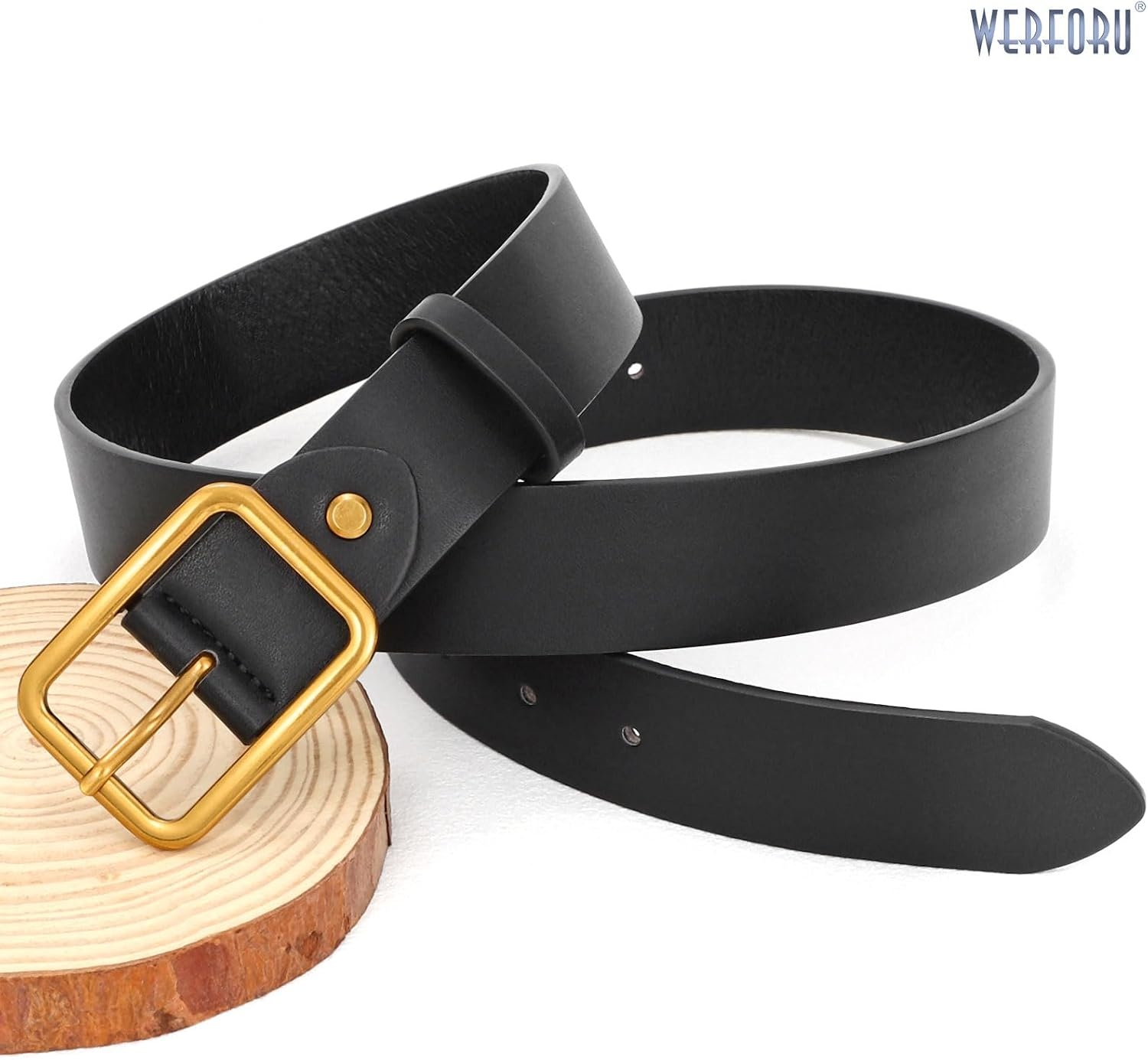 image:imageWERFORU Women Classic Black Leather Belt With Square Silver Buckle For Jeans Pants13 widthDblack With Pale Gold