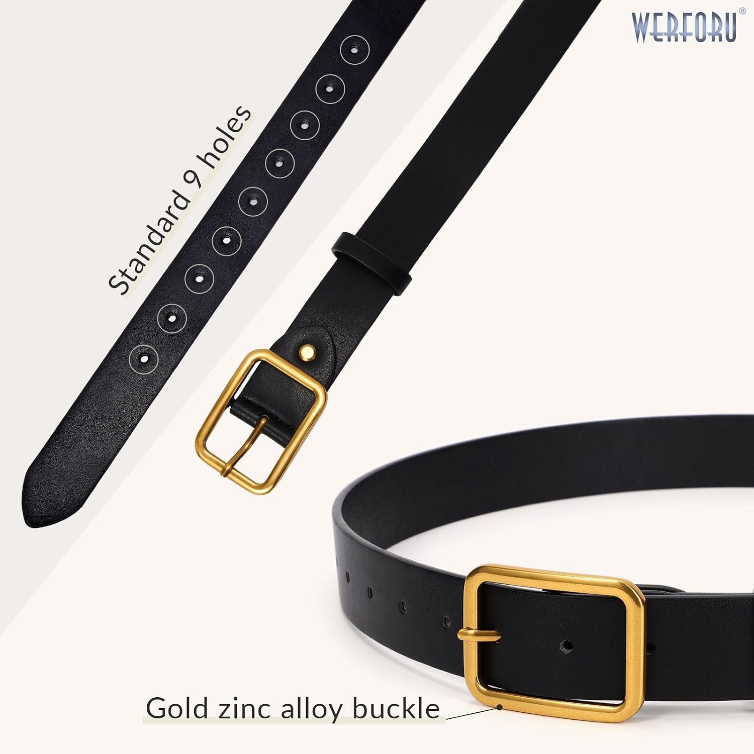 image:imageWERFORU Women Classic Black Leather Belt With Square Silver Buckle For Jeans Pants13 widthDblack With Pale Gold