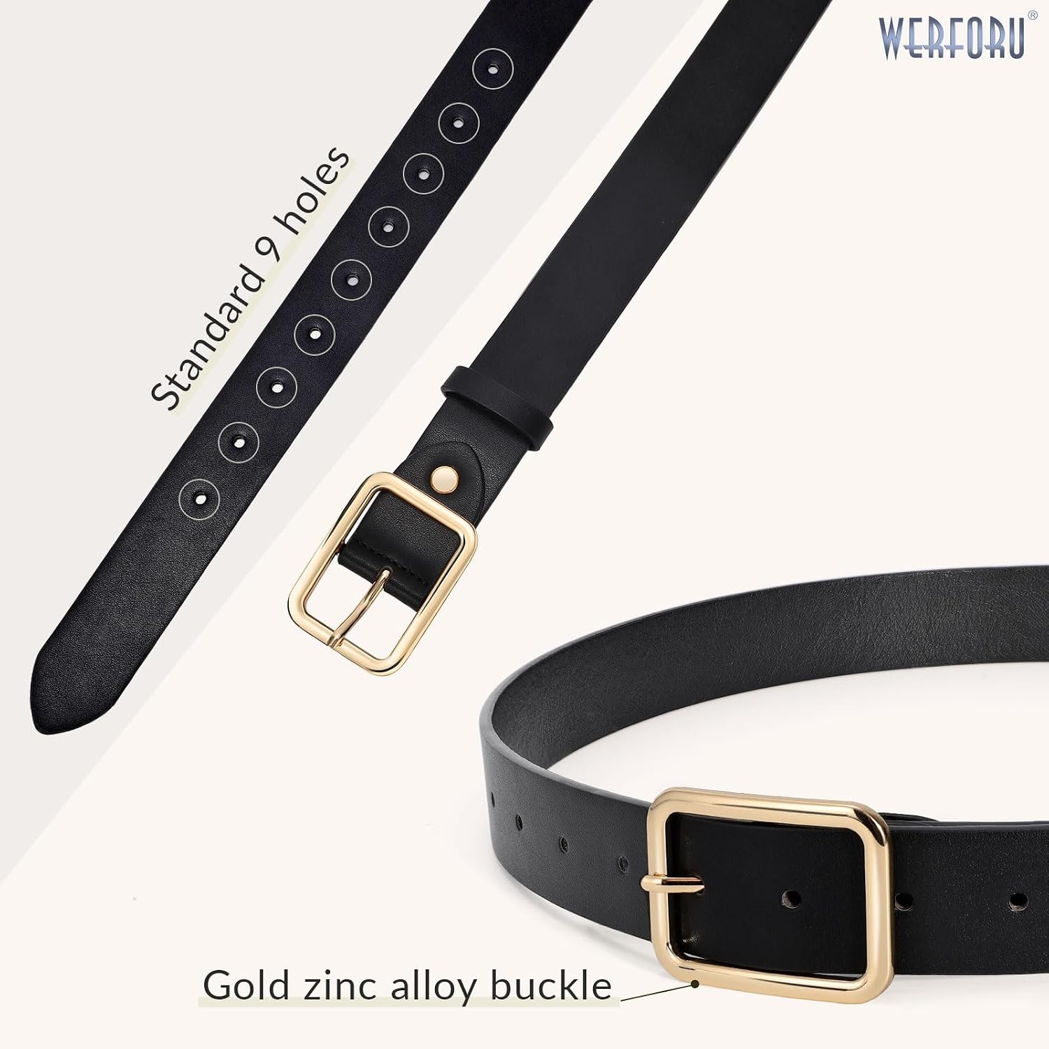 image:imageWERFORU Women Classic Black Leather Belt With Square Silver Buckle For Jeans Pants13 widthEbeige With Bright Gold