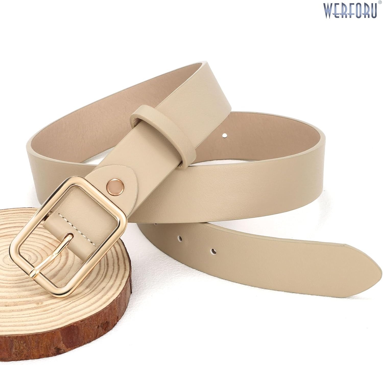 image:imageWERFORU Women Classic Black Leather Belt With Square Silver Buckle For Jeans Pants13 widthEbeige With Bright Gold