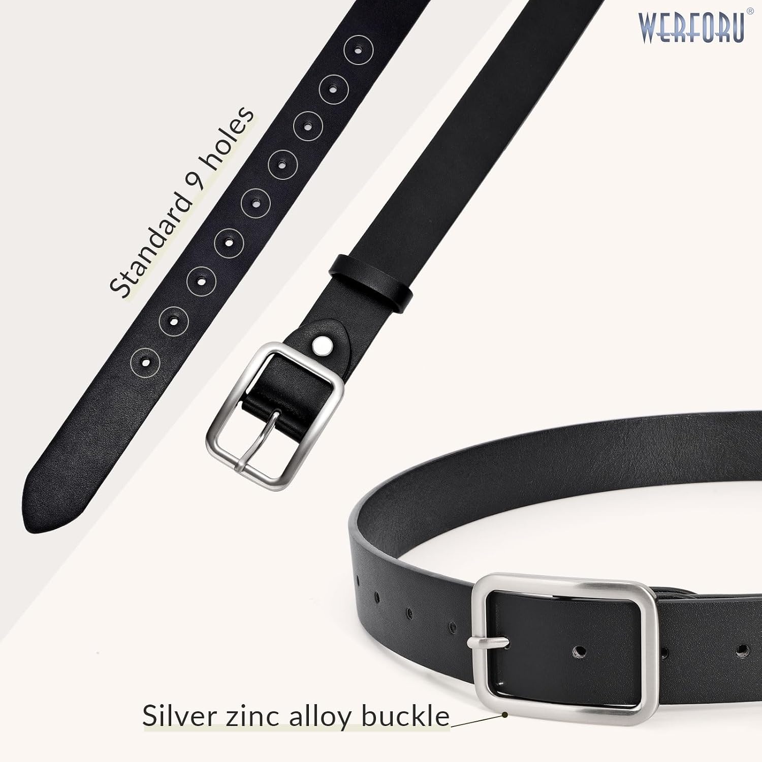 image:imageWERFORU Women Classic Black Leather Belt With Square Silver Buckle For Jeans Pants13 widthGwhite With Silver