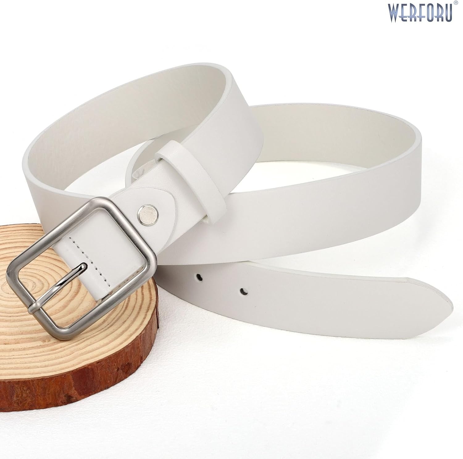 image:imageWERFORU Women Classic Black Leather Belt With Square Silver Buckle For Jeans Pants13 widthGwhite With Silver