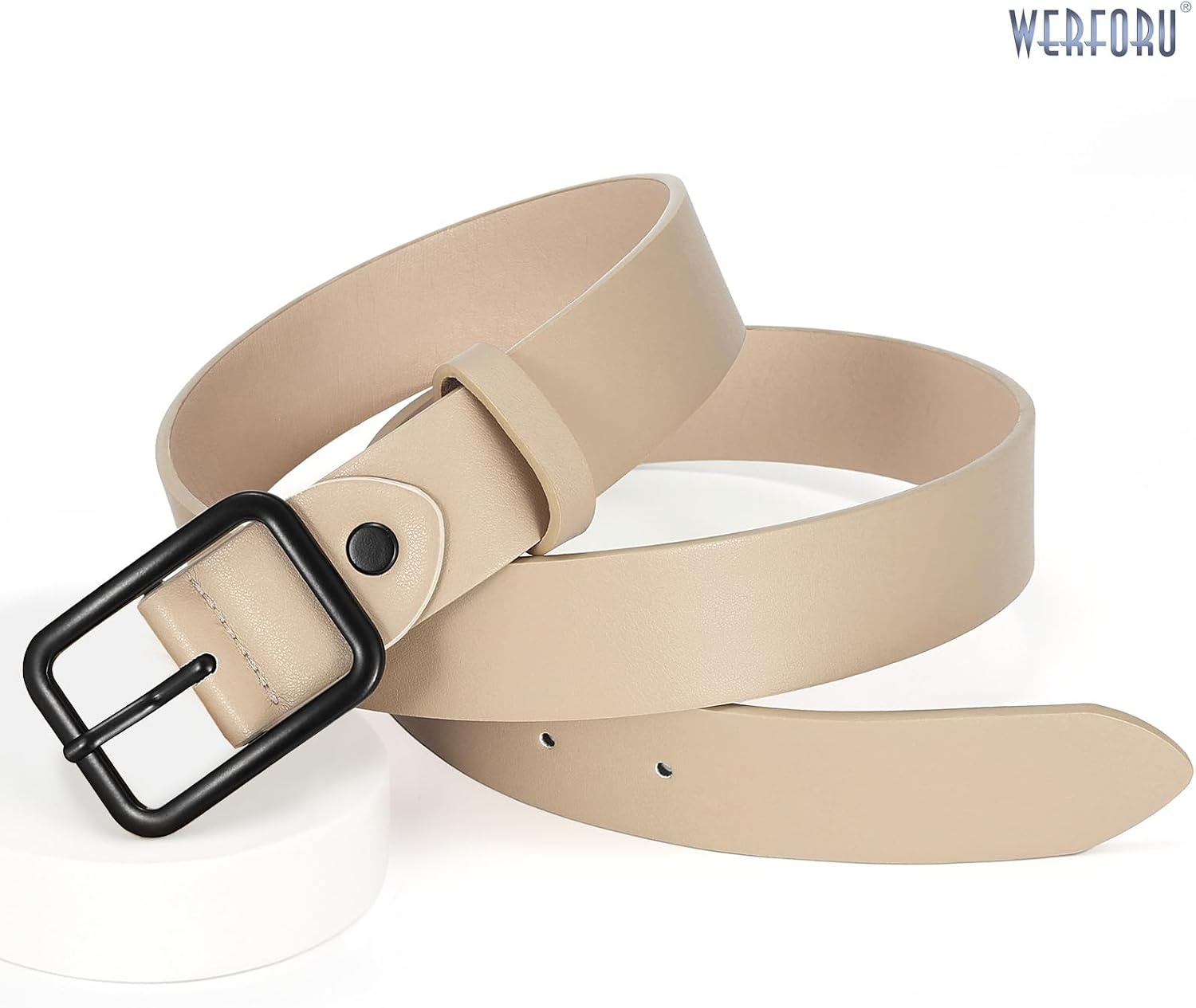 image:imageWERFORU Women Classic Black Leather Belt With Square Silver Buckle For Jeans Pants13 widthIbeige With Black Buckle