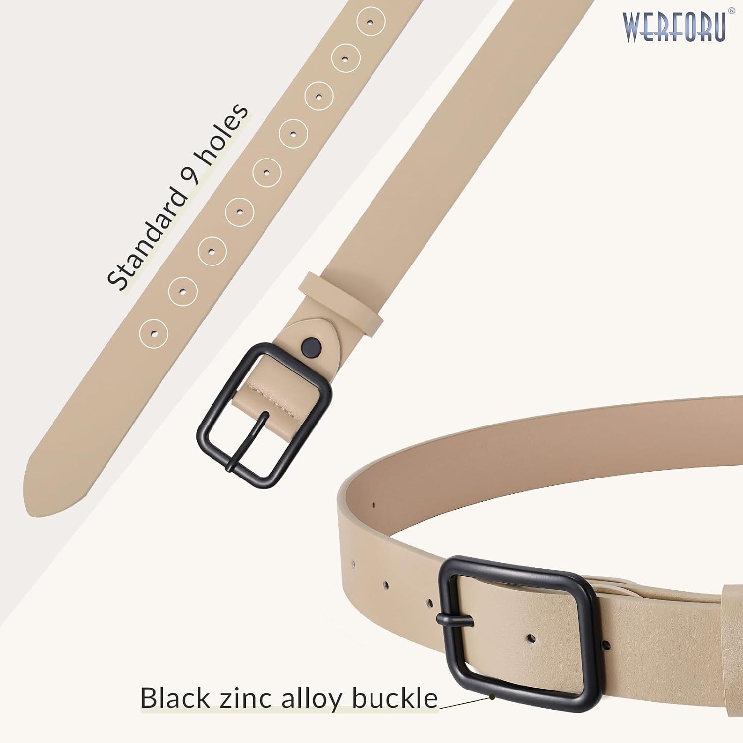 image:imageWERFORU Women Classic Black Leather Belt With Square Silver Buckle For Jeans Pants13 widthIbeige With Black Buckle