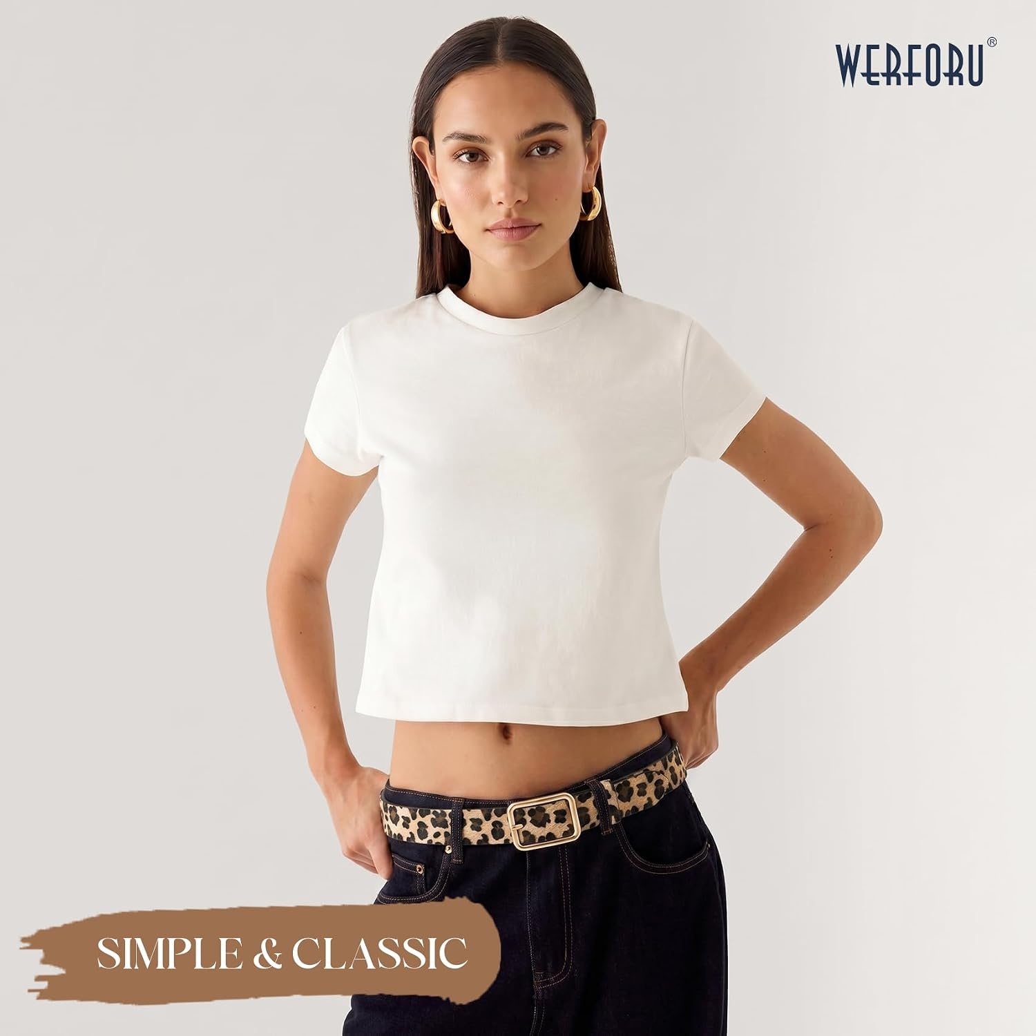 image:imageWERFORU Women Classic Black Leather Belt With Square Silver Buckle For Jeans Pants13 widthLeopard With Gold
