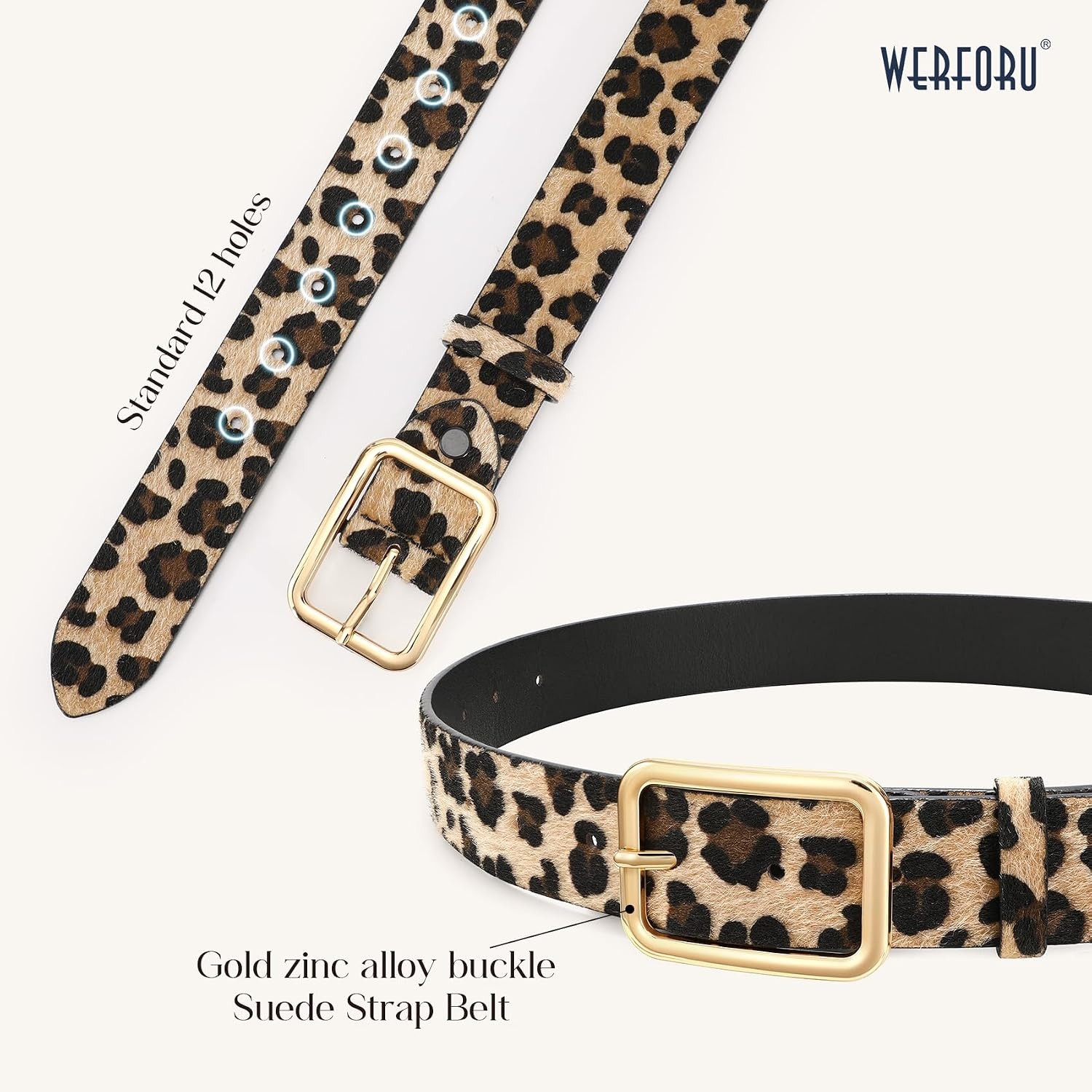 image:imageWERFORU Women Classic Black Leather Belt With Square Silver Buckle For Jeans Pants13 widthLeopard With Gold