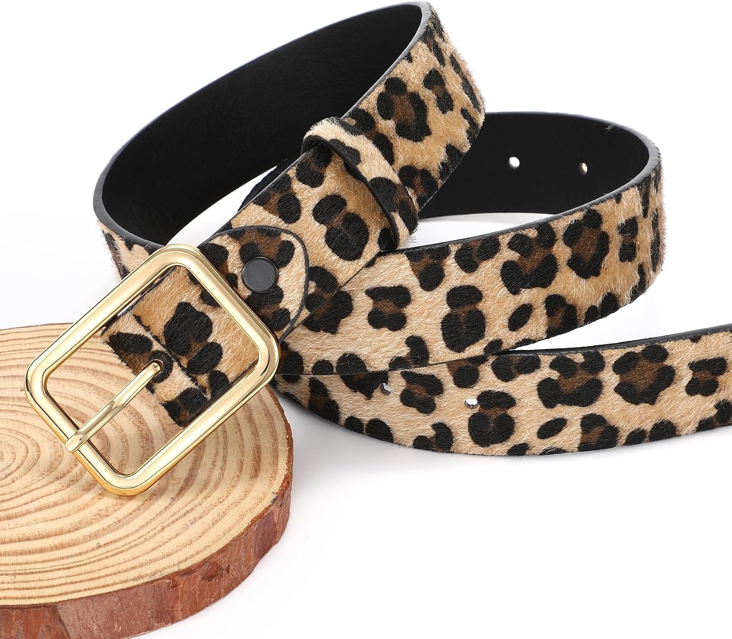 image:imageWERFORU Women Classic Black Leather Belt With Square Silver Buckle For Jeans Pants13 widthLeopard With Gold