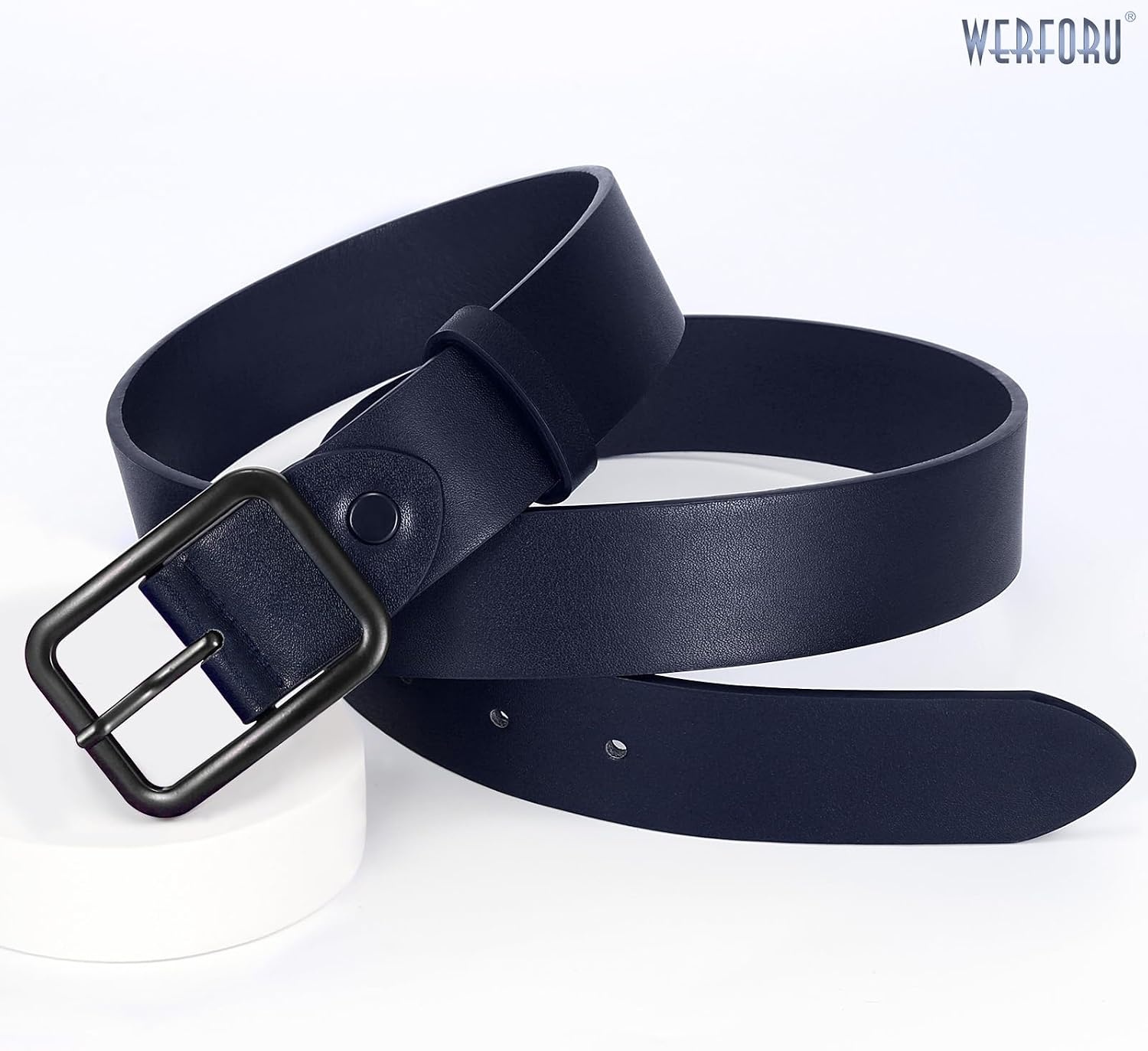 image:imageWERFORU Women Classic Black Leather Belt With Square Silver Buckle For Jeans Pants13 widthLnavy Blue With Black Buckle