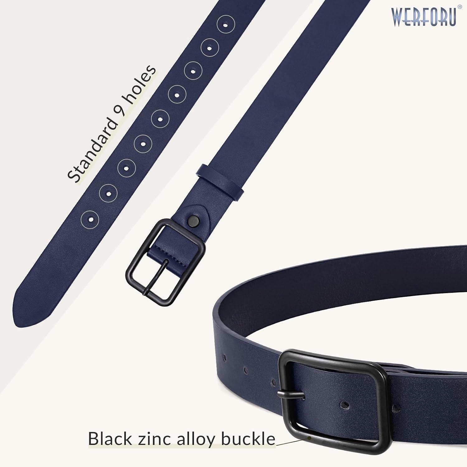 image:imageWERFORU Women Classic Black Leather Belt With Square Silver Buckle For Jeans Pants13 widthLnavy Blue With Black Buckle