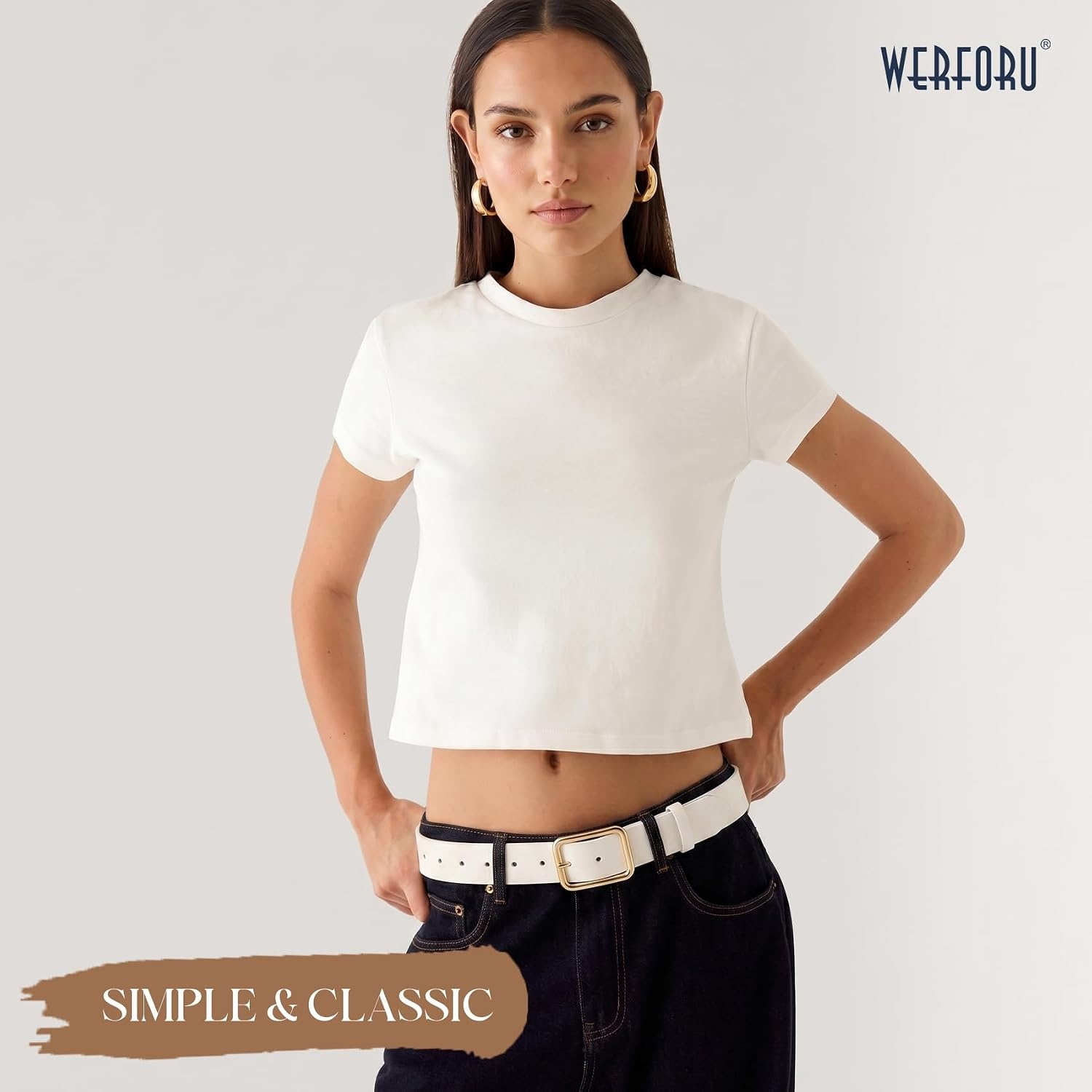 image:imageWERFORU Women Classic Black Leather Belt With Square Silver Buckle For Jeans Pants13 widthWhite With Gold