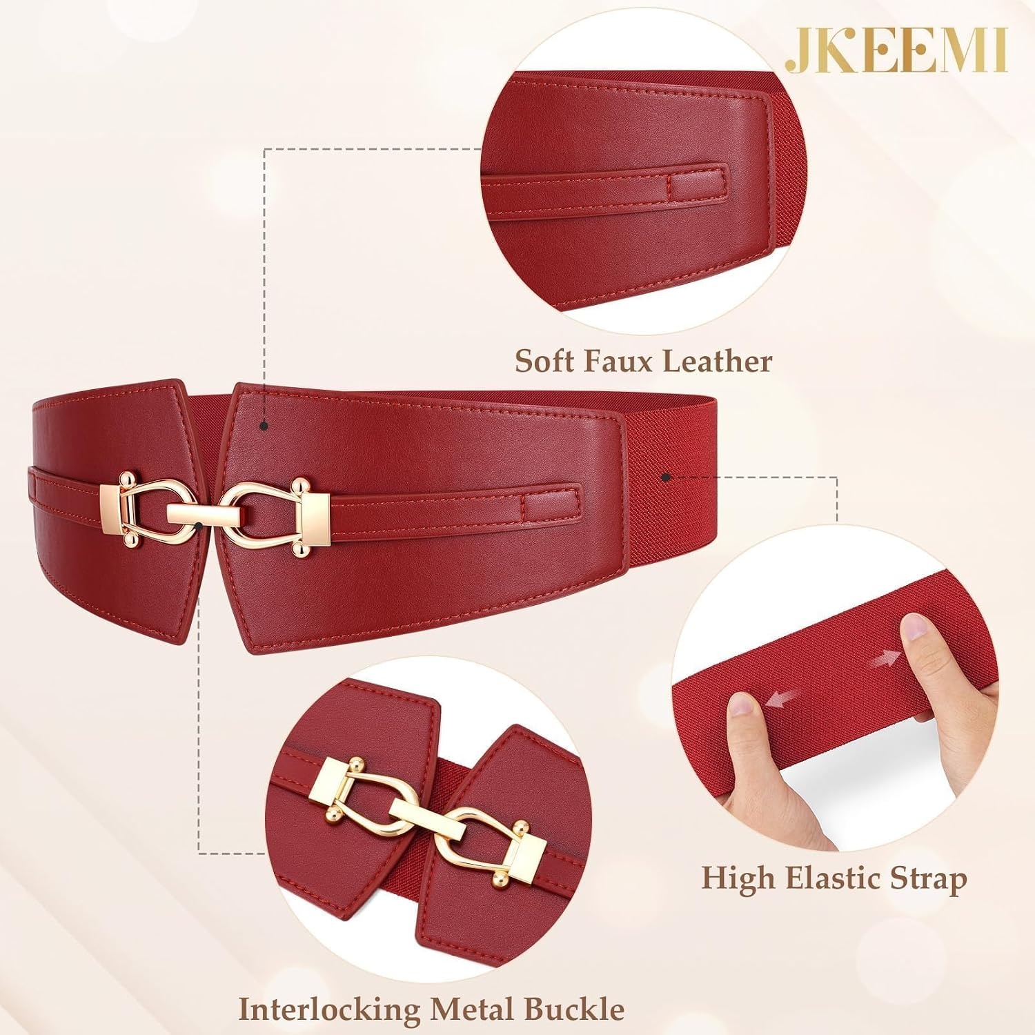 image:imageWide Elastic Belts for Women Corset Belt with Gold Buckle for Dresses Coat Stretch Leather Belt Comfy amp Adjustable 24 Wide Corset Belt Highlight Waistline Wide Belts for Dresses Shirts CoatRed