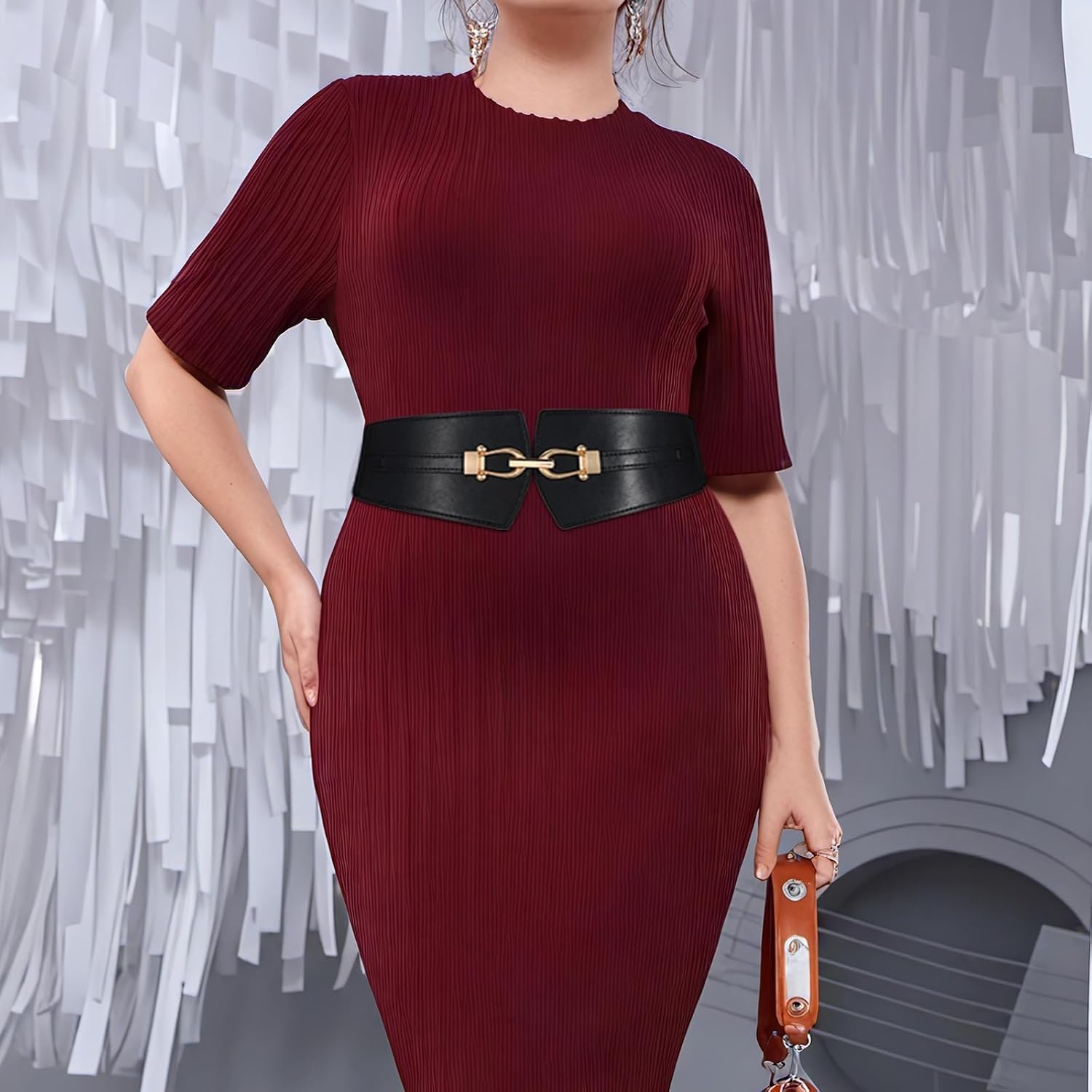image:imageWide Elastic Belts for Women Corset Belt with Gold Buckle for Dresses Coat Stretch Leather Belt Comfy amp Adjustable 24 Wide Corset Belt Highlight Waistline Wide Belts for Dresses Shirts CoatBlack Brown
