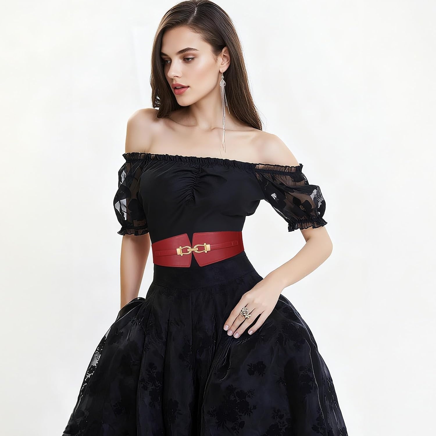 image:imageWide Elastic Belts for Women Corset Belt with Gold Buckle for Dresses Coat Stretch Leather Belt Comfy amp Adjustable 24 Wide Corset Belt Highlight Waistline Wide Belts for Dresses Shirts CoatRed