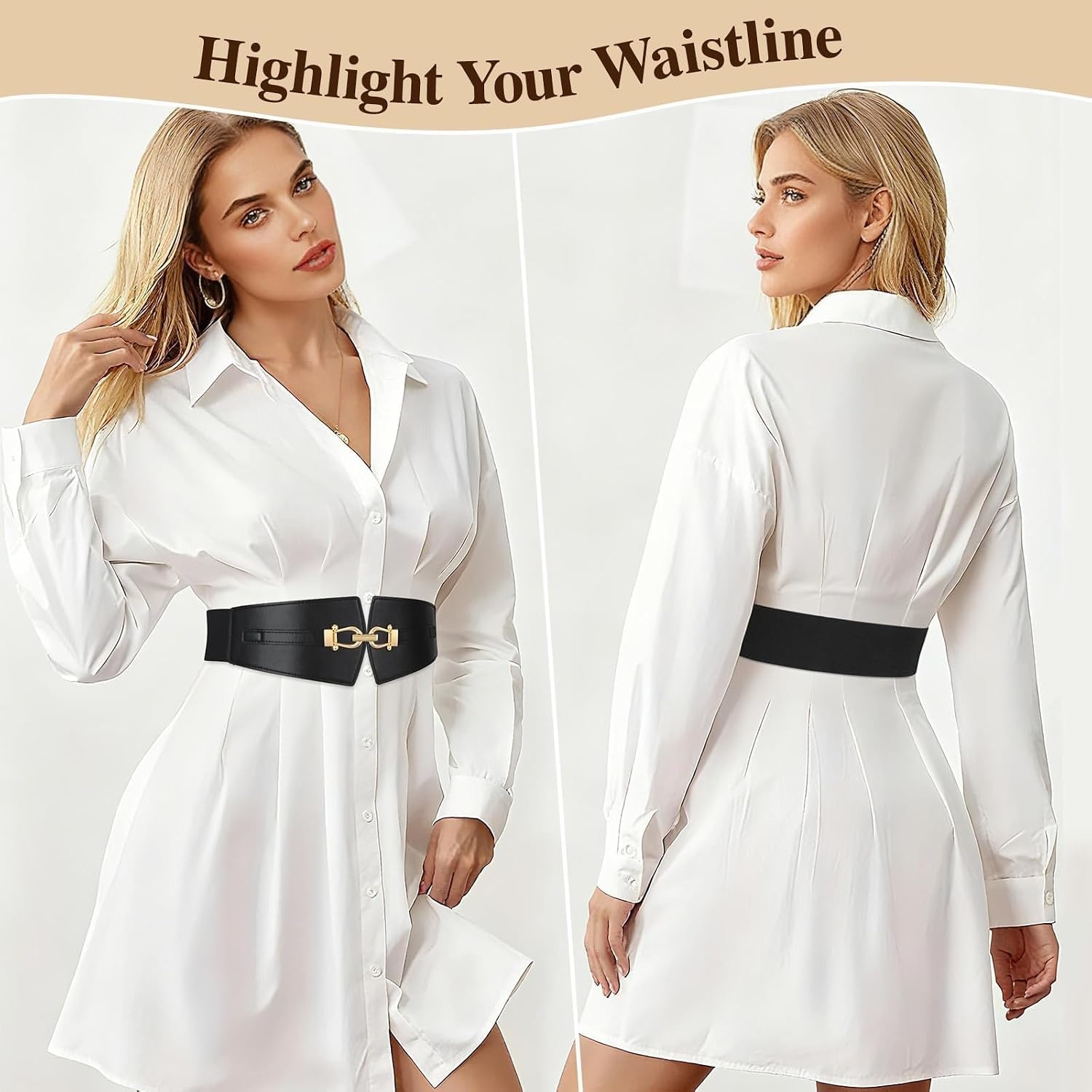 image:imageWide Elastic Belts for Women Corset Belt with Gold Buckle for Dresses Coat Stretch Leather Belt Comfy amp Adjustable 24 Wide Corset Belt Highlight Waistline Wide Belts for Dresses Shirts CoatBlack