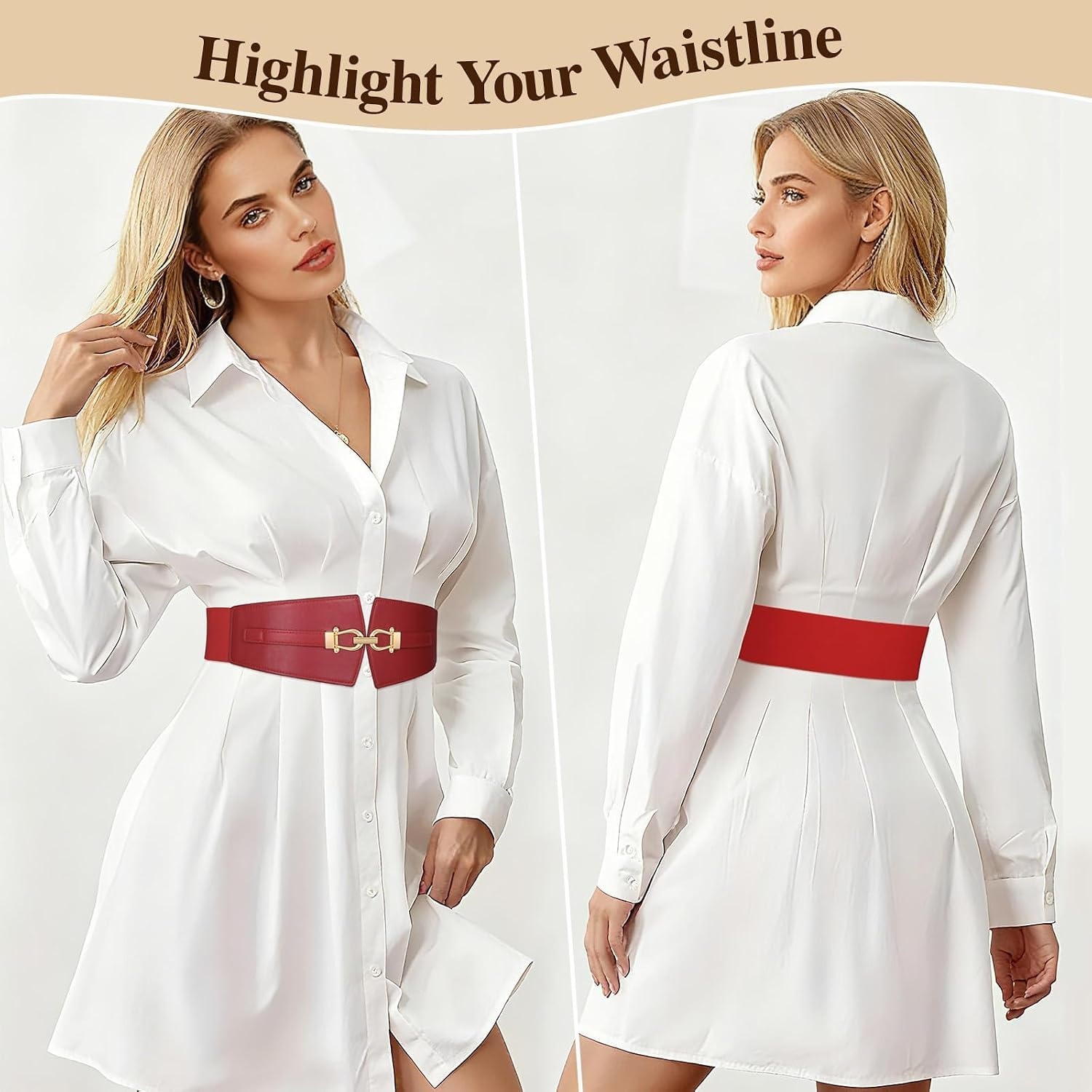 image:imageWide Elastic Belts for Women Corset Belt with Gold Buckle for Dresses Coat Stretch Leather Belt Comfy amp Adjustable 24 Wide Corset Belt Highlight Waistline Wide Belts for Dresses Shirts CoatRed