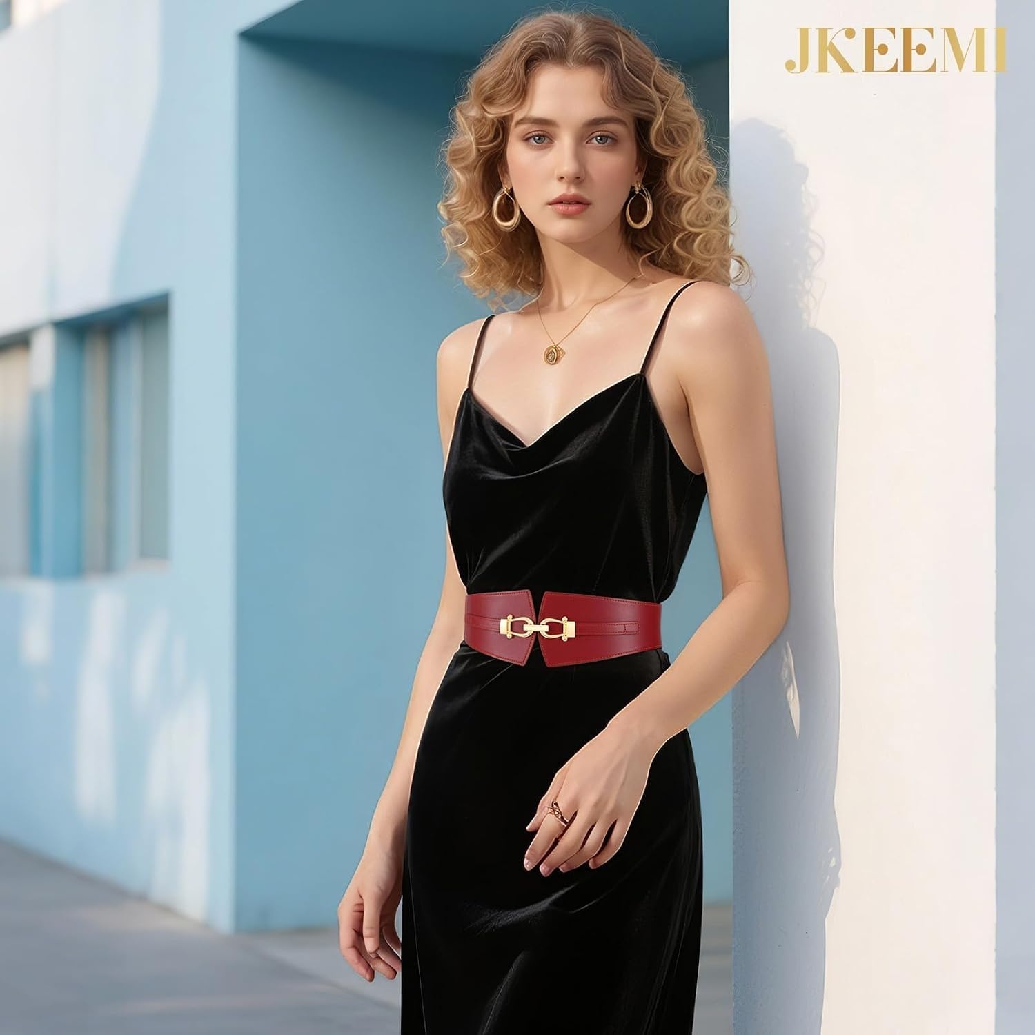 image:imageWide Elastic Belts for Women Corset Belt with Gold Buckle for Dresses Coat Stretch Leather Belt Comfy amp Adjustable 24 Wide Corset Belt Highlight Waistline Wide Belts for Dresses Shirts CoatRed