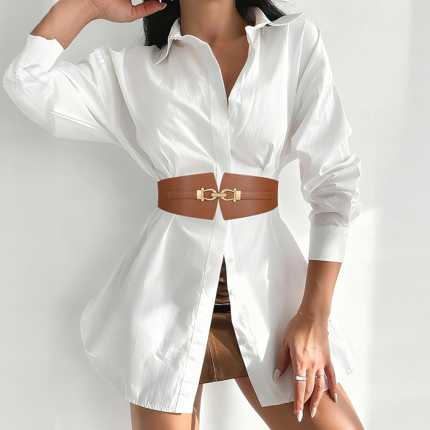 image:imageWide Elastic Belts for Women Corset Belt with Gold Buckle for Dresses Coat Stretch Leather Belt Comfy amp Adjustable 24 Wide Corset Belt Highlight Waistline Wide Belts for Dresses Shirts CoatBrown Beige