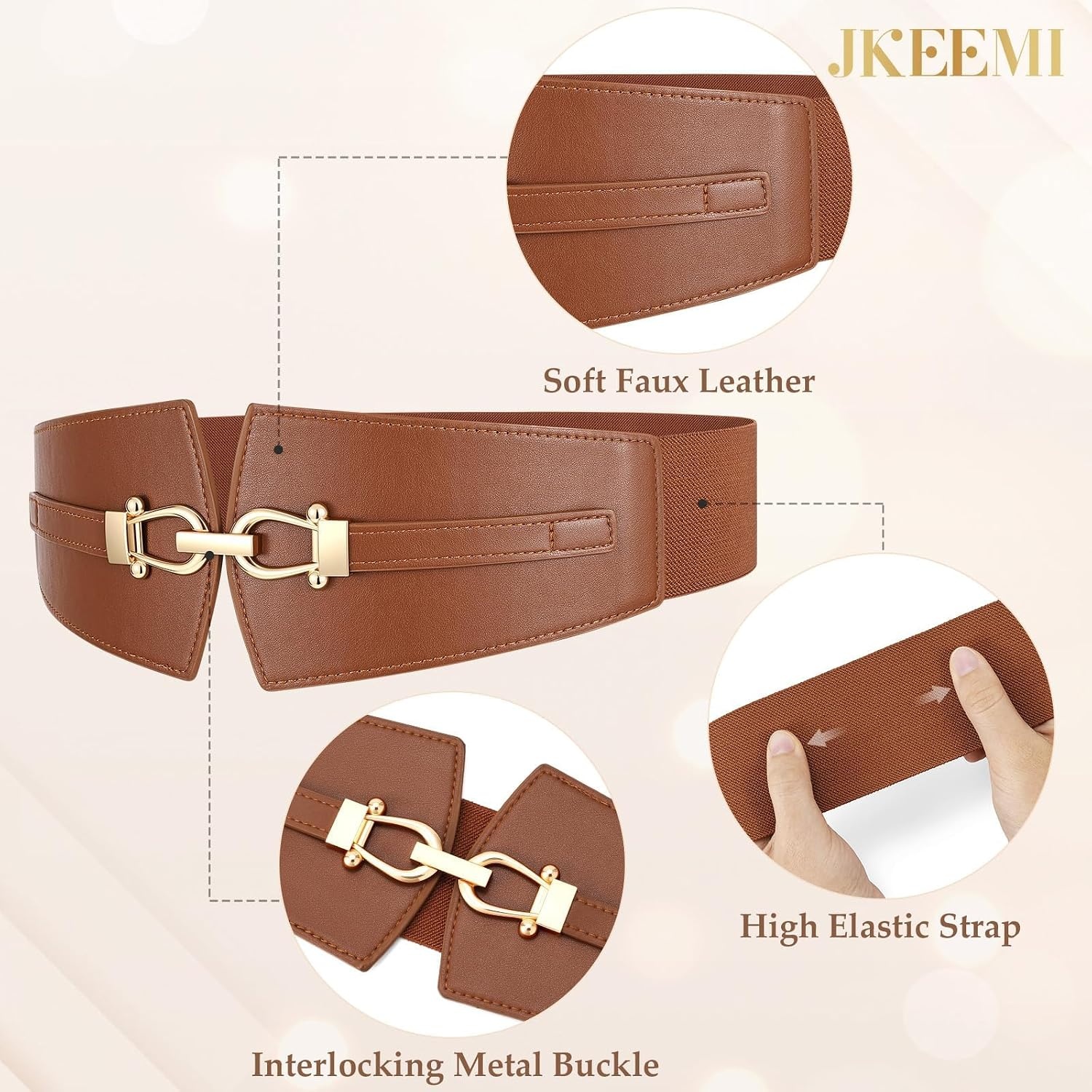image:imageWide Elastic Belts for Women Corset Belt with Gold Buckle for Dresses Coat Stretch Leather Belt Comfy amp Adjustable 24 Wide Corset Belt Highlight Waistline Wide Belts for Dresses Shirts CoatBrown Beige