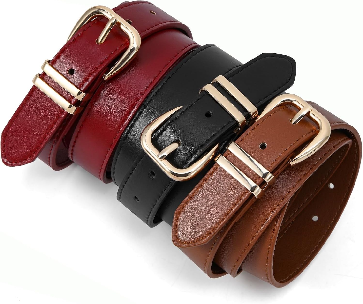 image:imageWomen Belts for Jeans Dresses GoldSilver Buckle Ladies Waist Belt 11 in Wide Solid Faux Leather Small to Plus Sizes Casual Fashion Style Basic Work Daily OutfitsWine Red