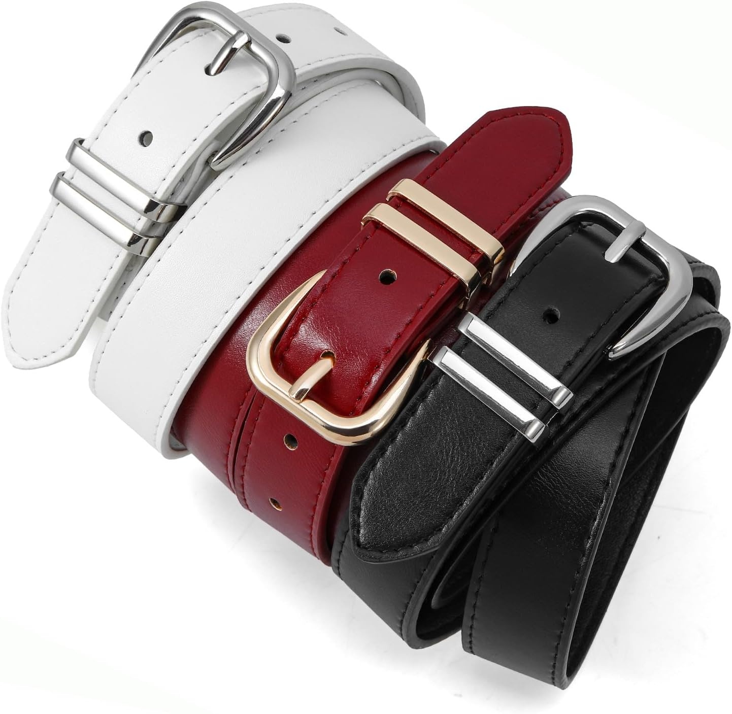 image:imageWomen Belts for Jeans Dresses GoldSilver Buckle Ladies Waist Belt 11 in Wide Solid Faux Leather Small to Plus Sizes Casual Fashion Style Basic Work Daily OutfitsWhite