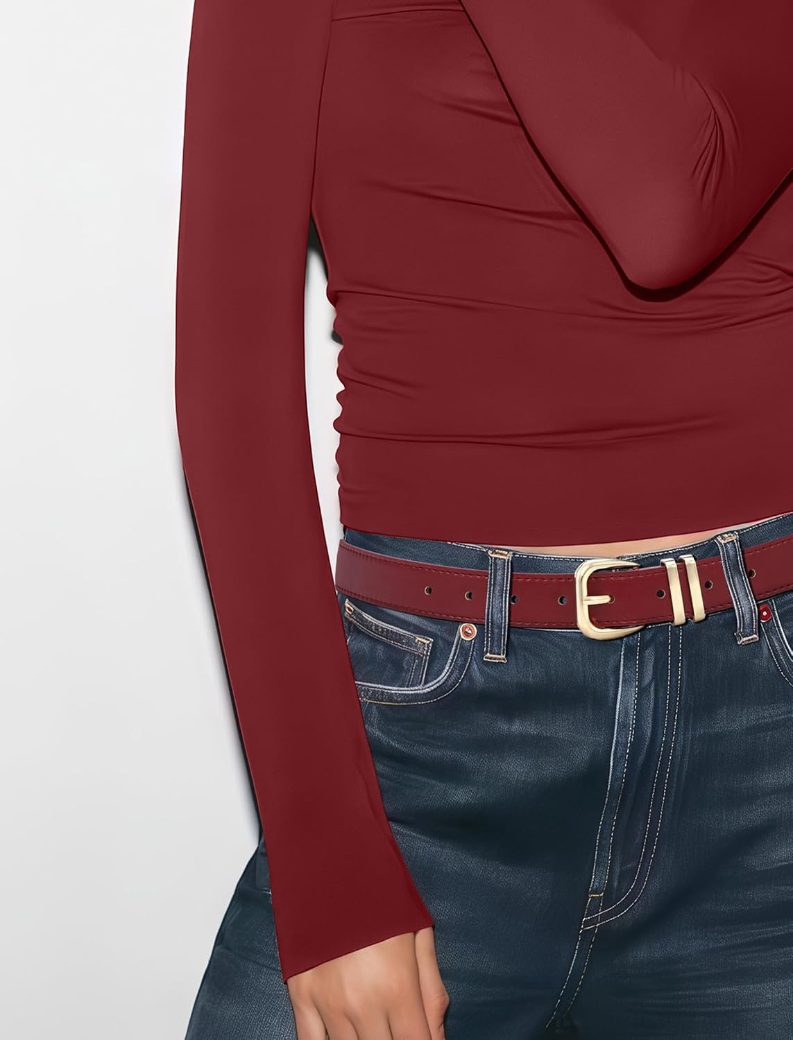 image:imageWomen Belts for Jeans Dresses GoldSilver Buckle Ladies Waist Belt 11 in Wide Solid Faux Leather Small to Plus Sizes Casual Fashion Style Basic Work Daily OutfitsWine Red