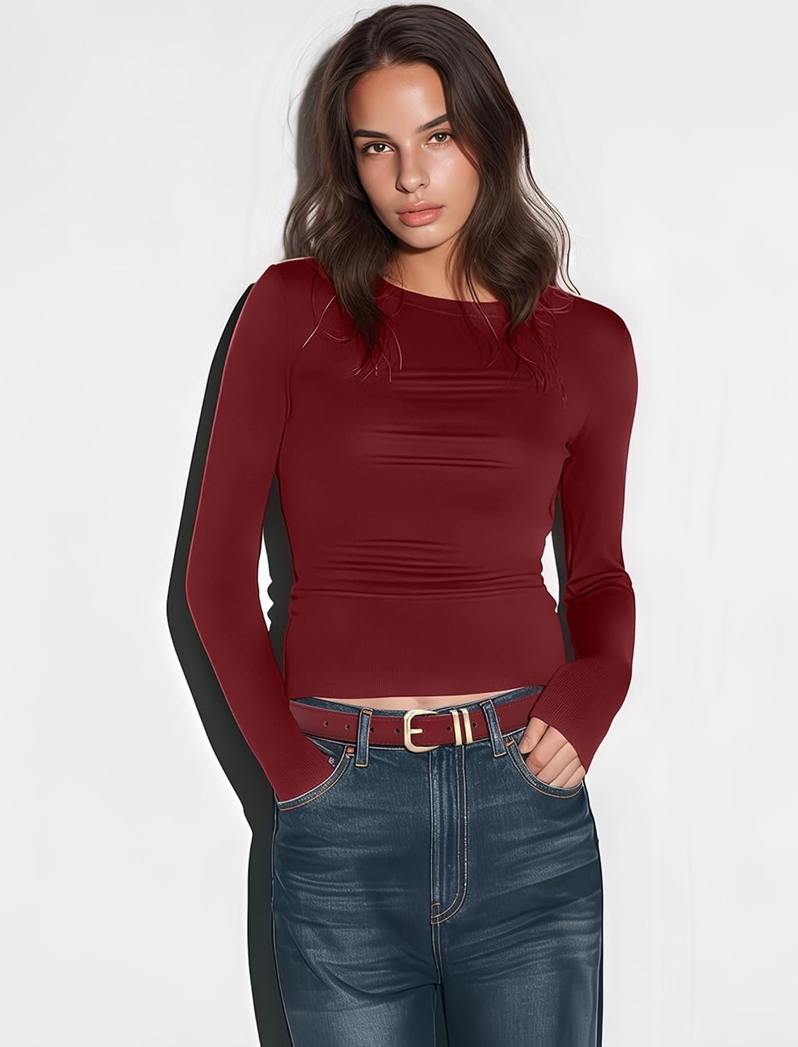 image:imageWomen Belts for Jeans Dresses GoldSilver Buckle Ladies Waist Belt 11 in Wide Solid Faux Leather Small to Plus Sizes Casual Fashion Style Basic Work Daily OutfitsWine Red