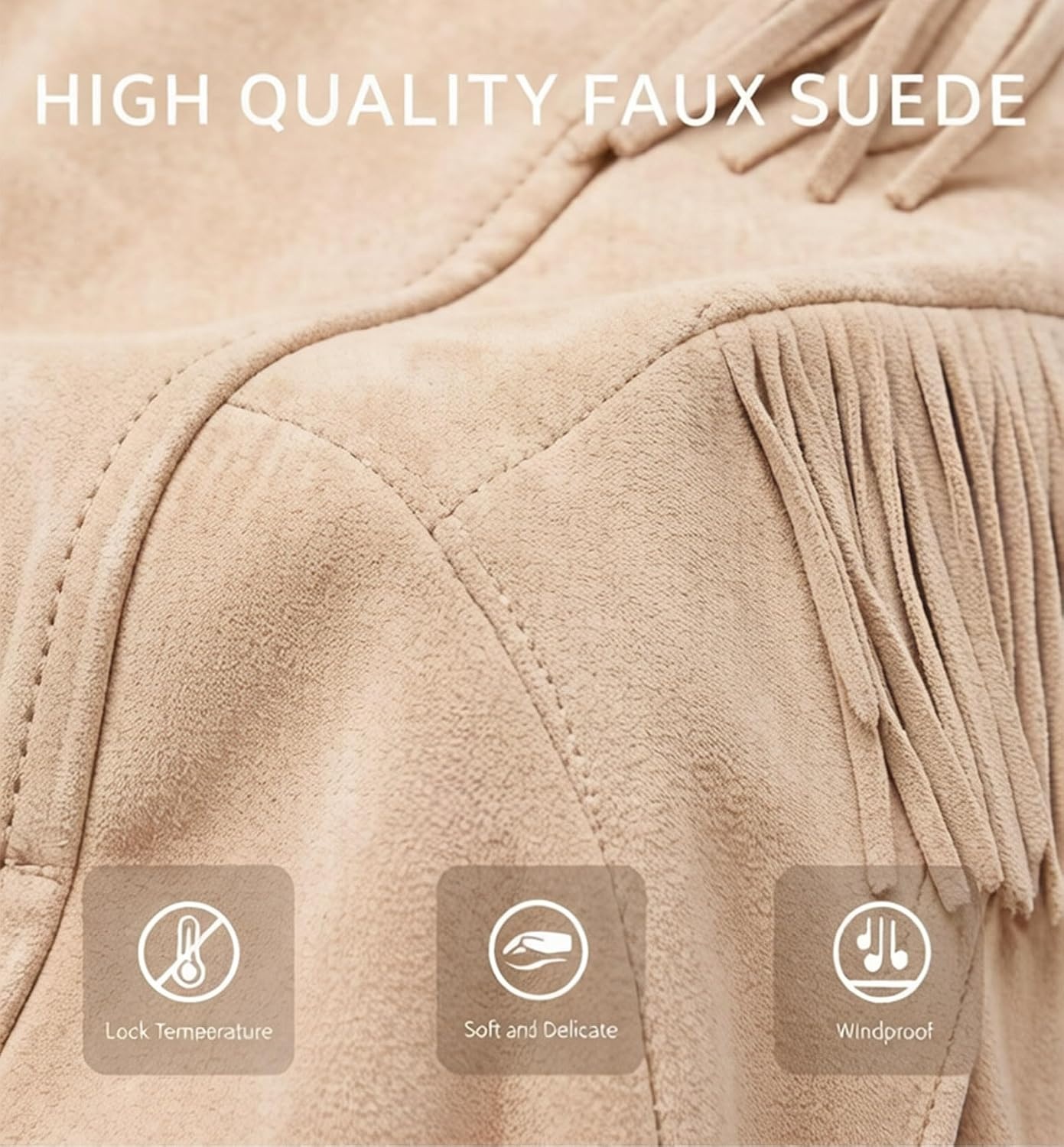 image:imageWomen Faux Leather Moto Jacket with BeltTassel Trim Fringe Vegan PLeather Short CoatZipper UpLapel CollarWestern Country ConcertsFall Spring FashionApricot Beigesuede Fabric