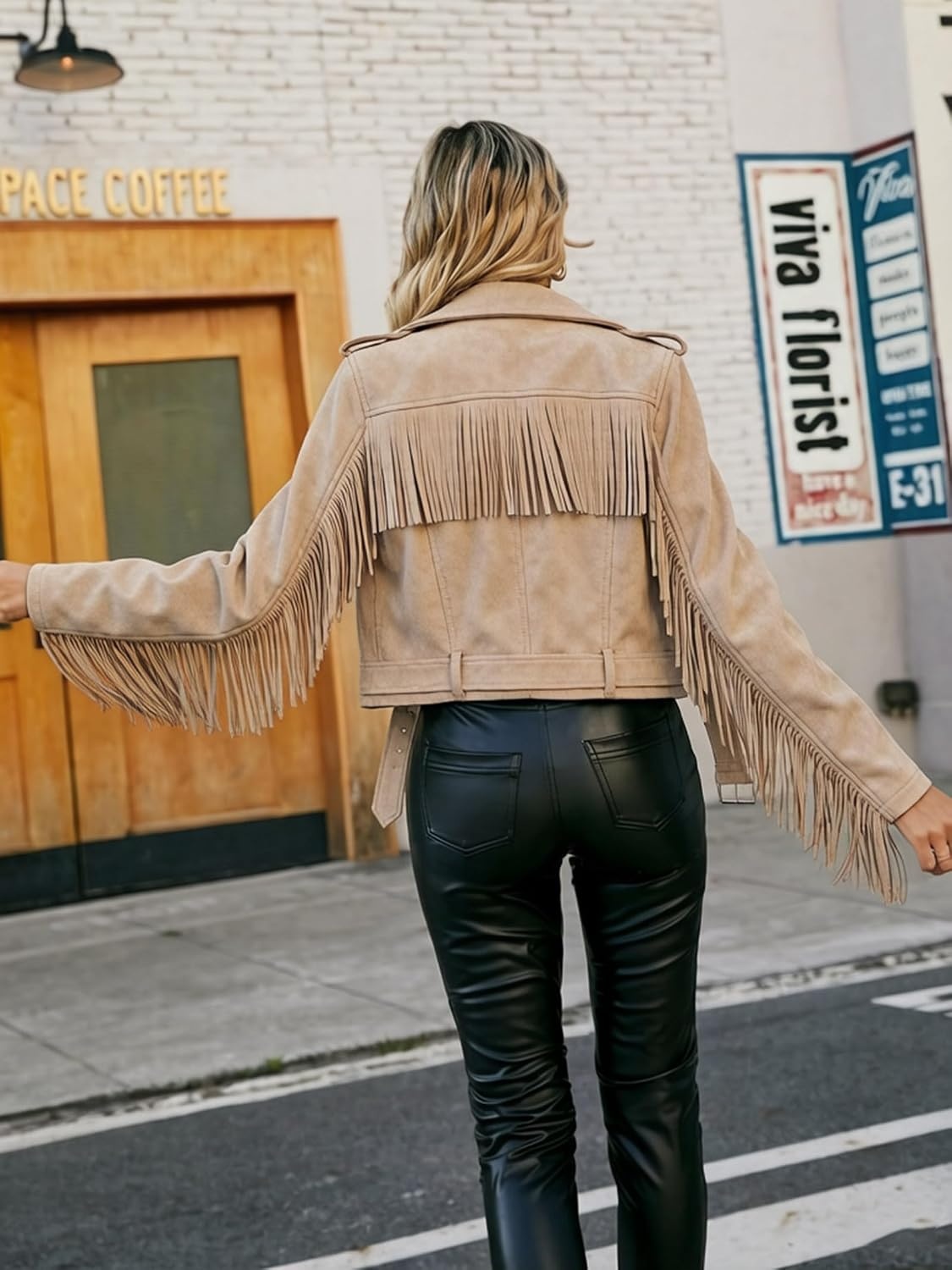image:imageWomen Faux Leather Moto Jacket with BeltTassel Trim Fringe Vegan PLeather Short CoatZipper UpLapel CollarWestern Country ConcertsFall Spring FashionApricot Beigesuede Fabric