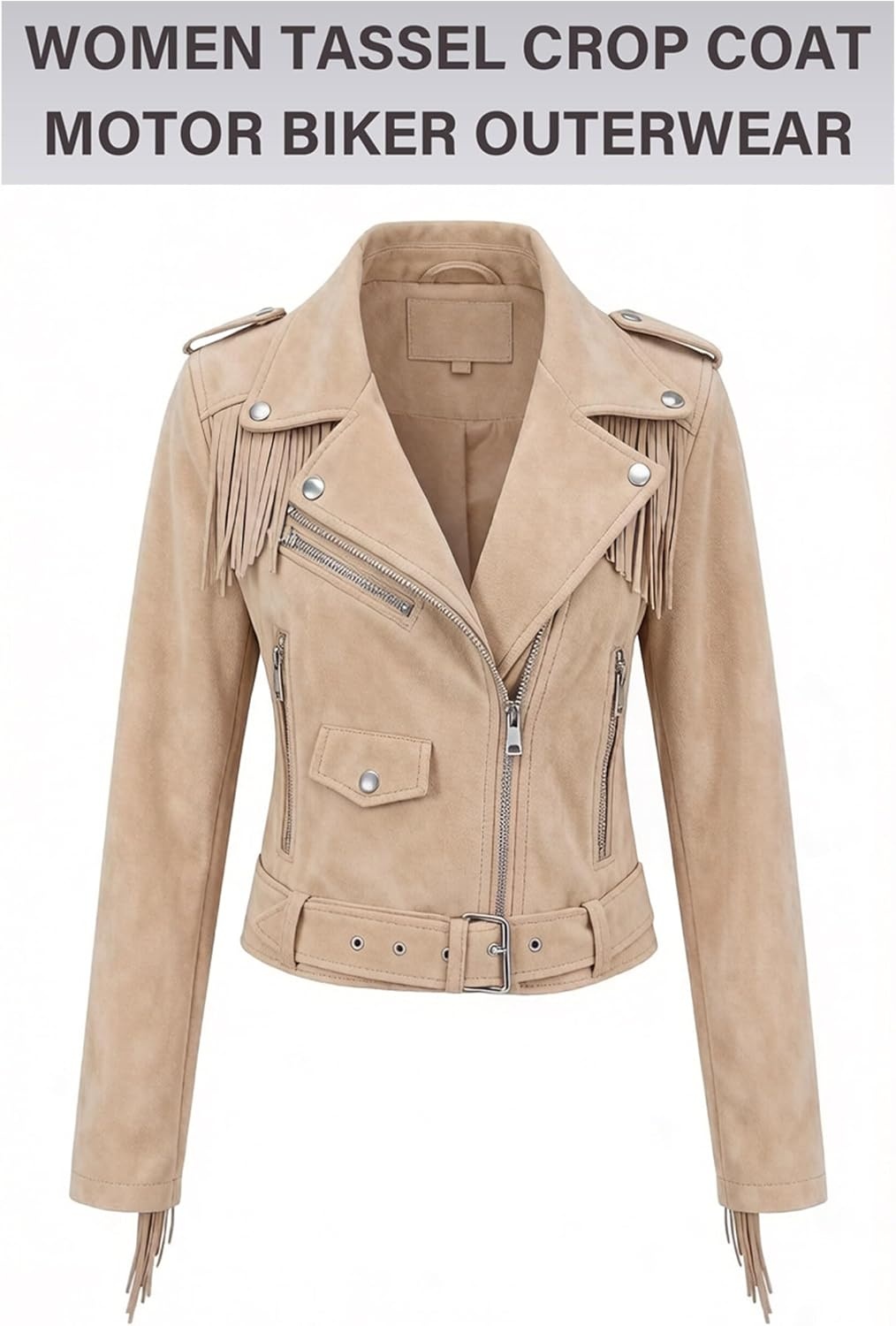 image:imageWomen Faux Leather Moto Jacket with BeltTassel Trim Fringe Vegan PLeather Short CoatZipper UpLapel CollarWestern Country ConcertsFall Spring FashionApricot Beigesuede Fabric