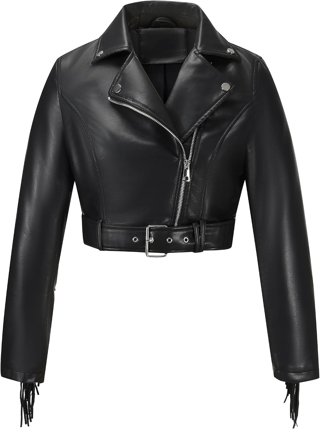 image:imageWomen Faux Leather Moto Jacket with BeltTassel Trim Fringe Vegan PLeather Short CoatZipper UpLapel CollarWestern Country ConcertsFall Spring FashionBlackcroppedwithout Pocket