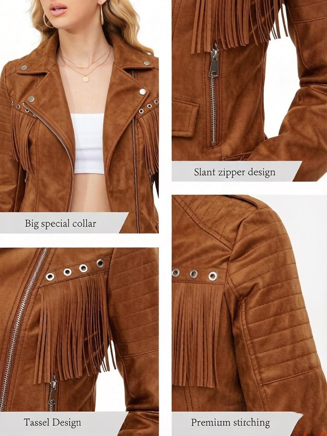 image:imageWomen Faux Leather Moto Jacket with BeltTassel Trim Fringe Vegan PLeather Short CoatZipper UpLapel CollarWestern Country ConcertsFall Spring FashionBrownsuede Fabric