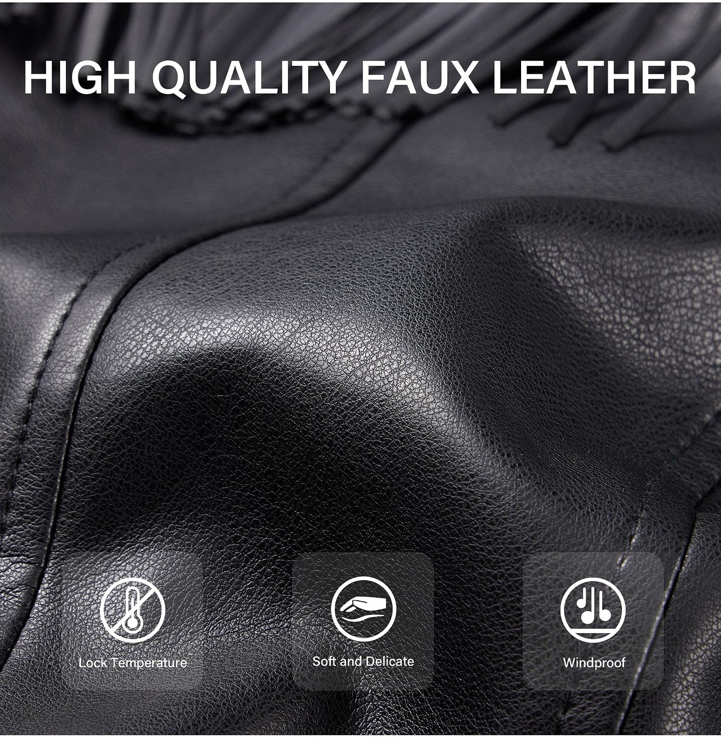 image:imageWomen Faux Leather Moto Jacket with BeltTassel Trim Fringe Vegan PLeather Short CoatZipper UpLapel CollarWestern Country ConcertsFall Spring FashionBlack