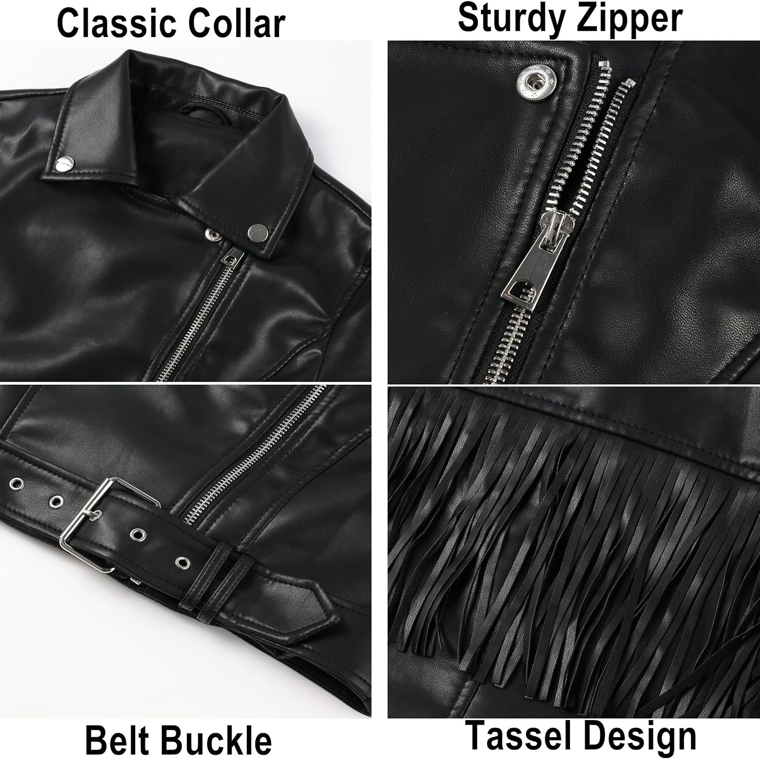 image:imageWomen Faux Leather Moto Jacket with BeltTassel Trim Fringe Vegan PLeather Short CoatZipper UpLapel CollarWestern Country ConcertsFall Spring FashionBlackcroppedwithout Pocket