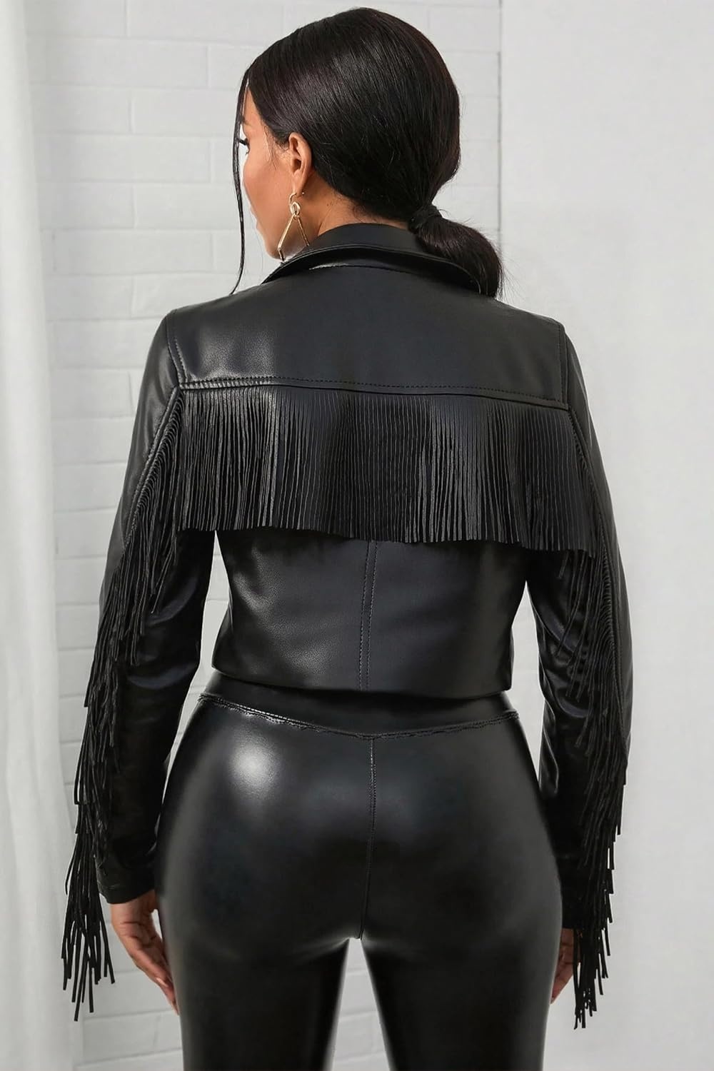 image:imageWomen Faux Leather Moto Jacket with BeltTassel Trim Fringe Vegan PLeather Short CoatZipper UpLapel CollarWestern Country ConcertsFall Spring FashionBlackcroppedwithout Pocket
