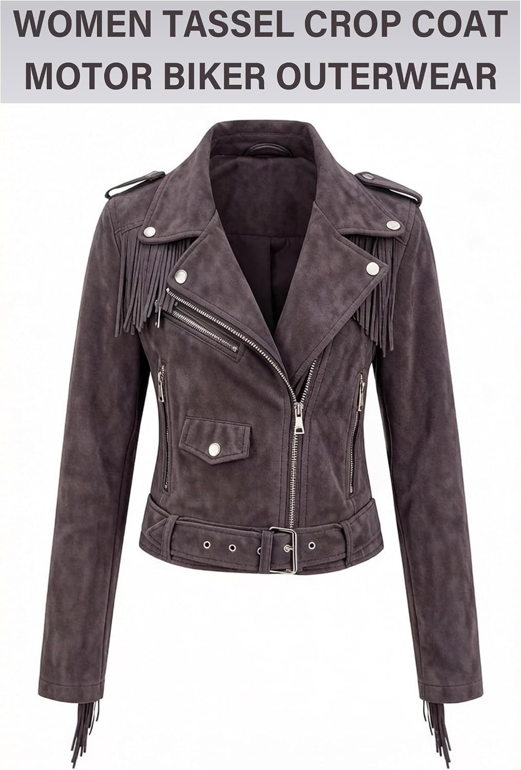 image:imageWomen Faux Leather Moto Jacket with BeltTassel Trim Fringe Vegan PLeather Short CoatZipper UpLapel CollarWestern Country ConcertsFall Spring FashionDark Coffeesuede Fabric