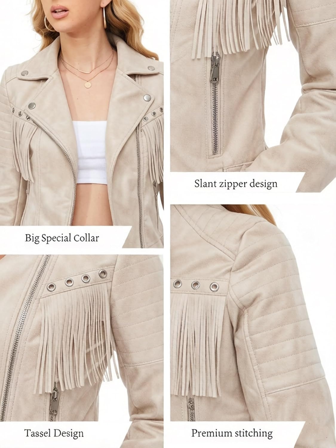 image:imageWomen Faux Leather Moto Jacket with BeltTassel Trim Fringe Vegan PLeather Short CoatZipper UpLapel CollarWestern Country ConcertsFall Spring FashionOff Whitesuede Fabric