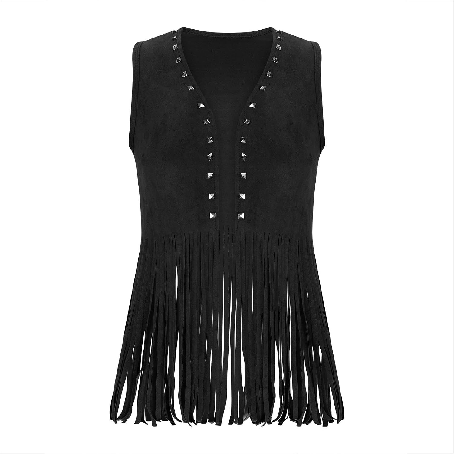 image:imageWomen Fringe Vest Tops Vintage Western Classic Faux Suede Leather Open Front Sleeveless Cardigan 70s Cowboy JacketBlack