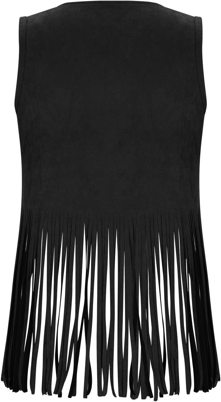 image:imageWomen Fringe Vest Tops Vintage Western Classic Faux Suede Leather Open Front Sleeveless Cardigan 70s Cowboy JacketBlack
