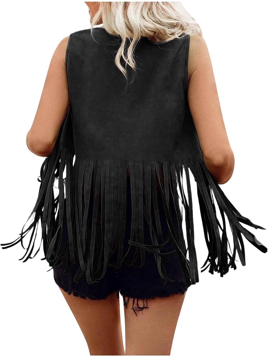 image:imageWomen Fringe Vest Tops Vintage Western Classic Faux Suede Leather Open Front Sleeveless Cardigan 70s Cowboy JacketBlack