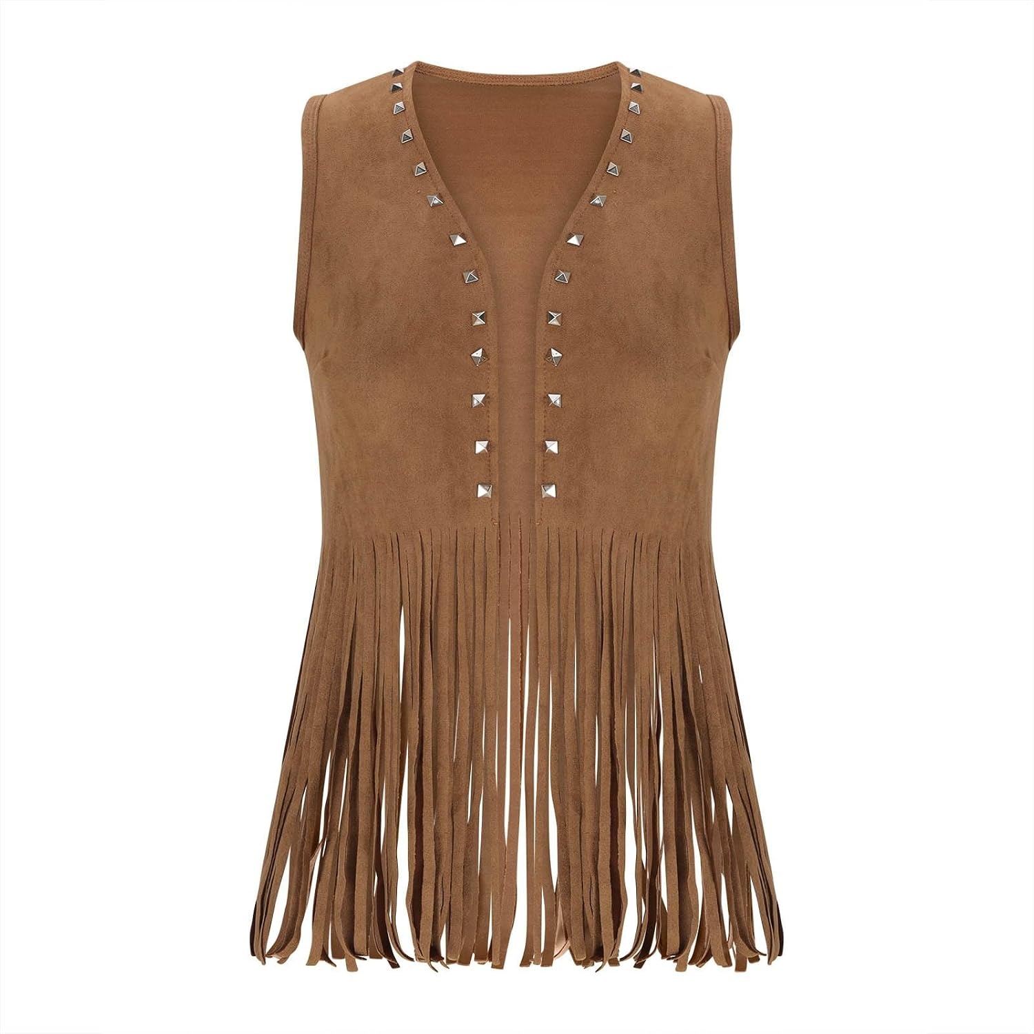 image:imageWomen Fringe Vest Tops Vintage Western Classic Faux Suede Leather Open Front Sleeveless Cardigan 70s Cowboy JacketCoffee