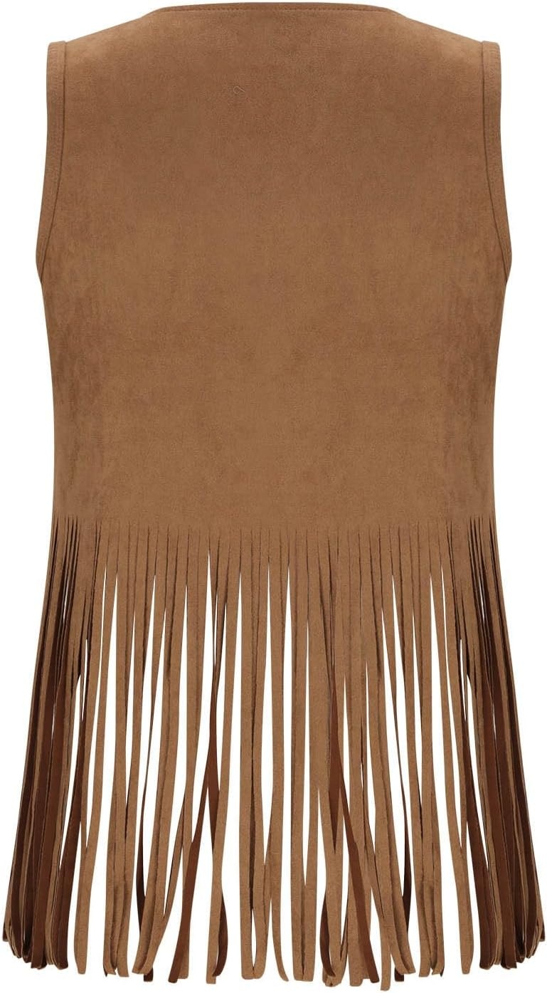 image:imageWomen Fringe Vest Tops Vintage Western Classic Faux Suede Leather Open Front Sleeveless Cardigan 70s Cowboy JacketCoffee