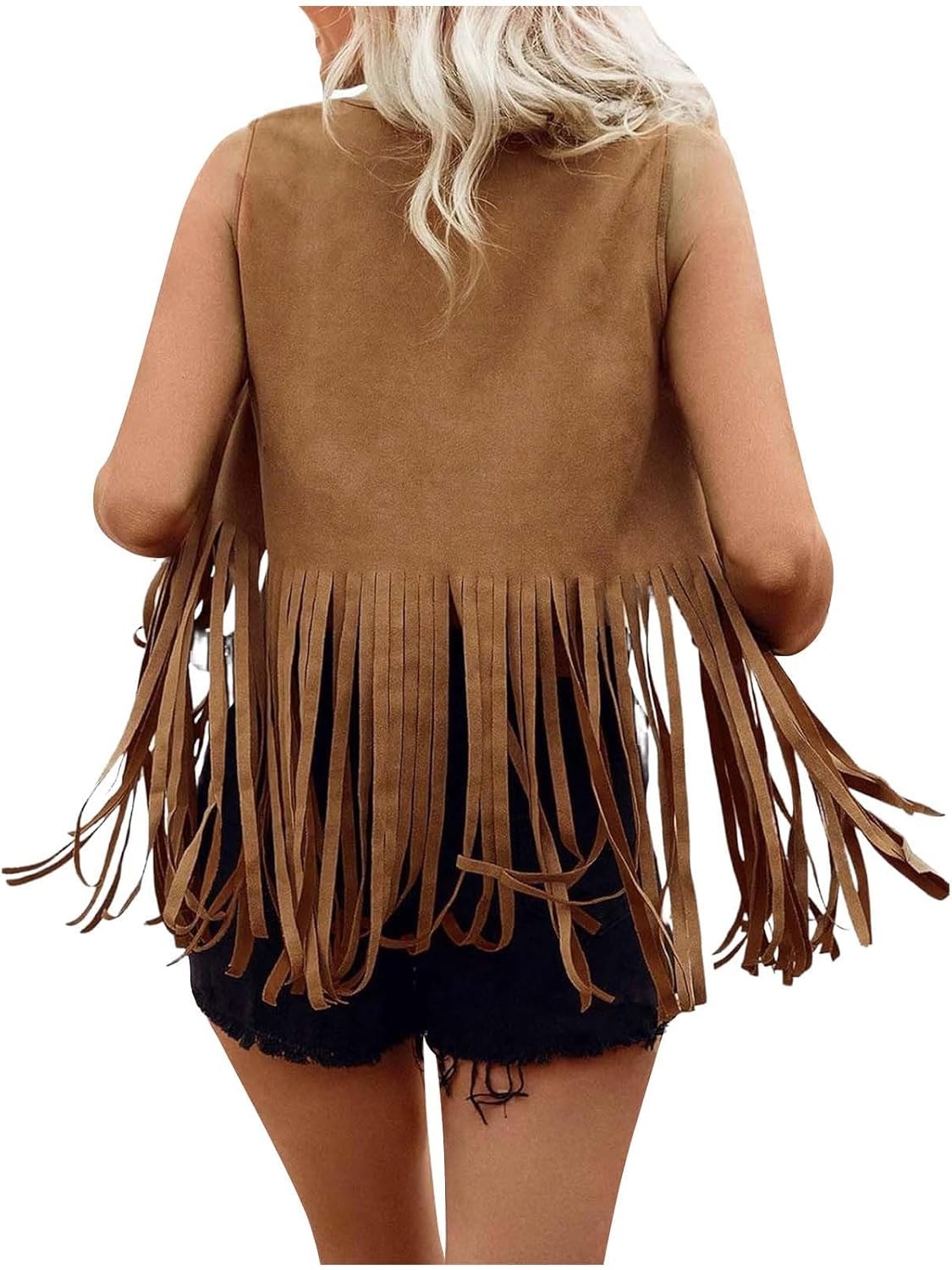 image:imageWomen Fringe Vest Tops Vintage Western Classic Faux Suede Leather Open Front Sleeveless Cardigan 70s Cowboy JacketCoffee