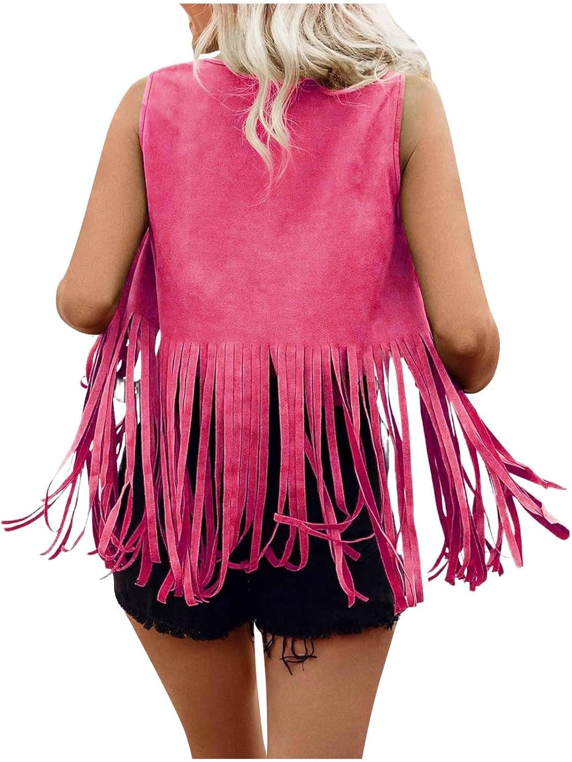image:imageWomen Fringe Vest Tops Vintage Western Classic Faux Suede Leather Open Front Sleeveless Cardigan 70s Cowboy JacketHot Pink