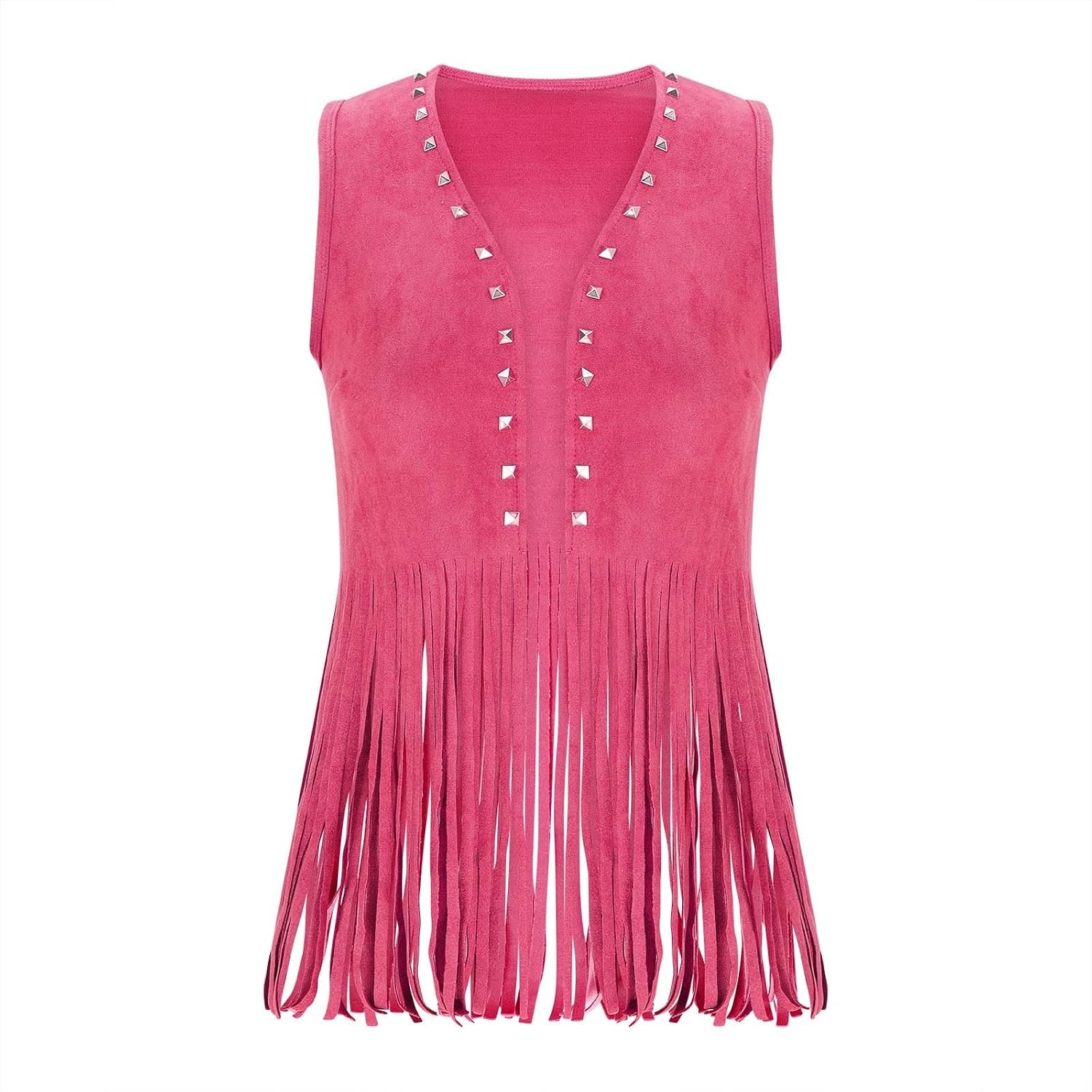 image:imageWomen Fringe Vest Tops Vintage Western Classic Faux Suede Leather Open Front Sleeveless Cardigan 70s Cowboy JacketHot Pink