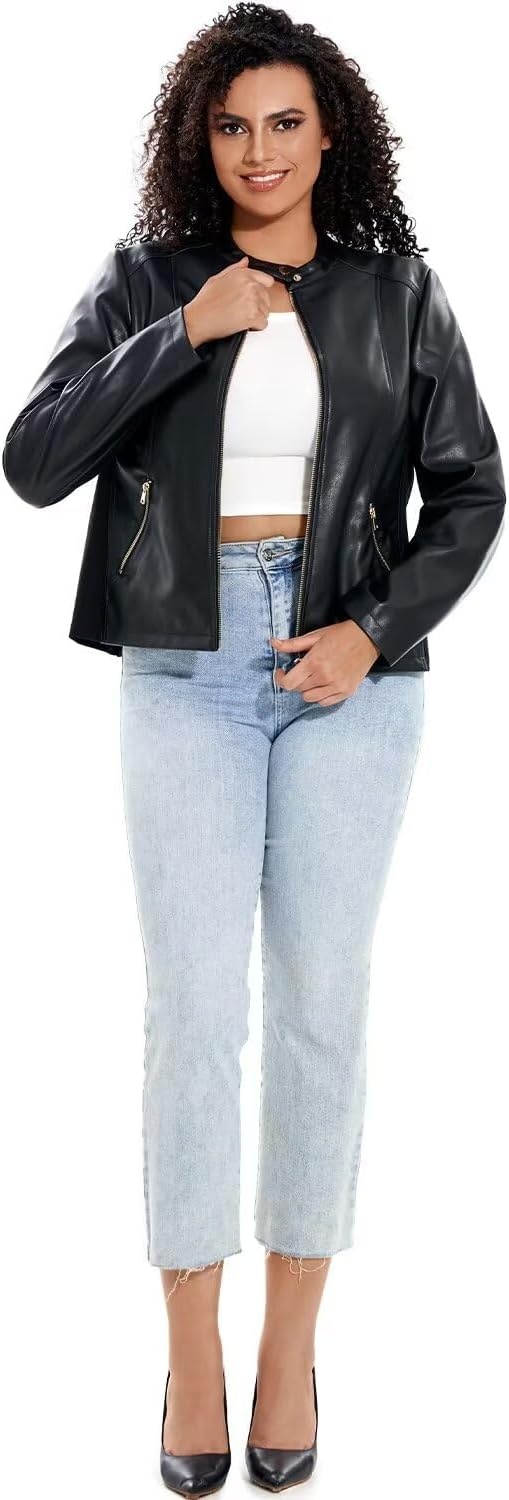 image:imageWomen Plus Size Faux Leather Moto Jacket Oversized Motorcycle Coat soft faux PU leather materialclassic lapel biker designmulti zipper pocketslong sleeve moto jacketwomen motorcycle coatBlack 102